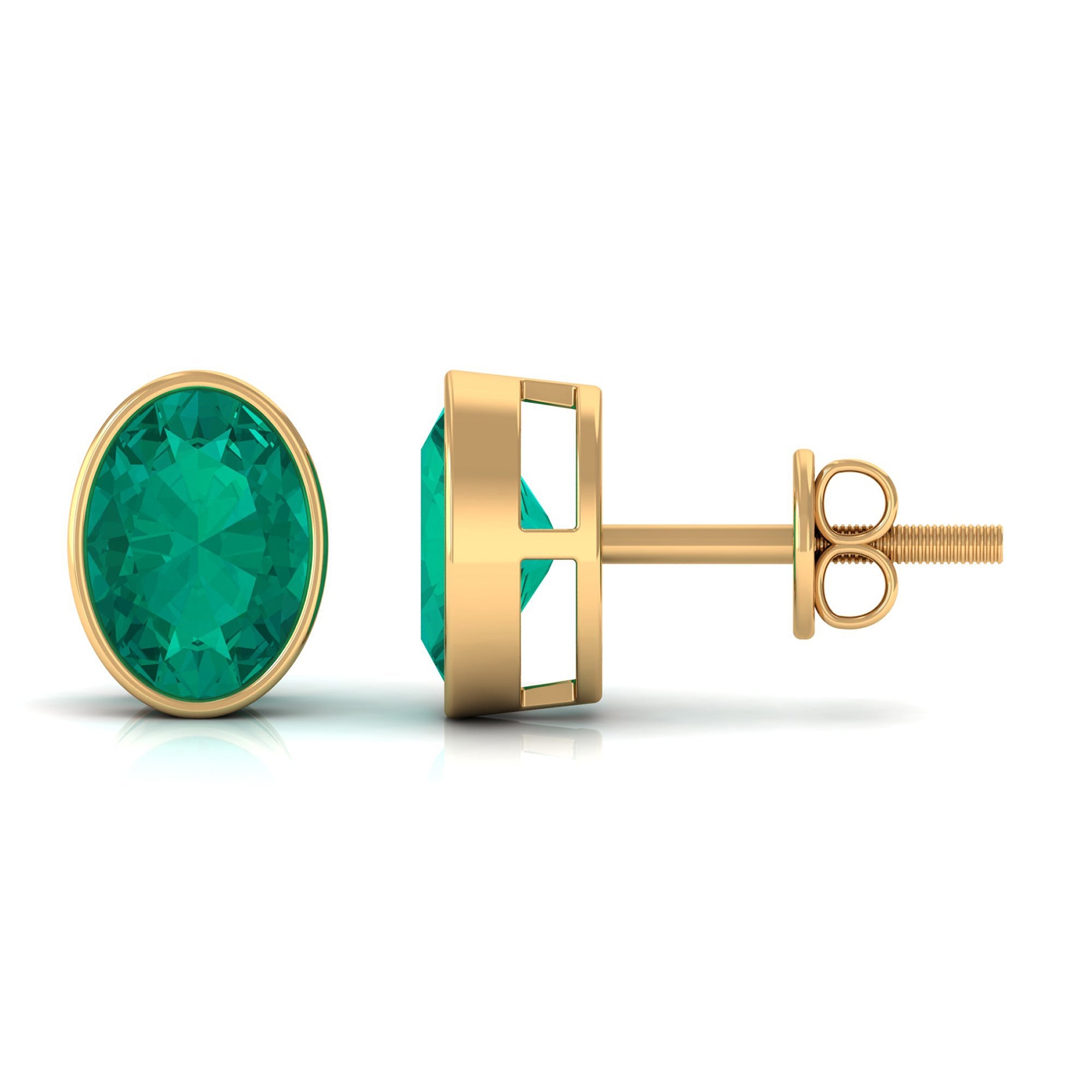 Emerald Stud Earrings - 1.4 Carat Oval Cut Bezel Set Solitaire Studs by Rosec Jewels