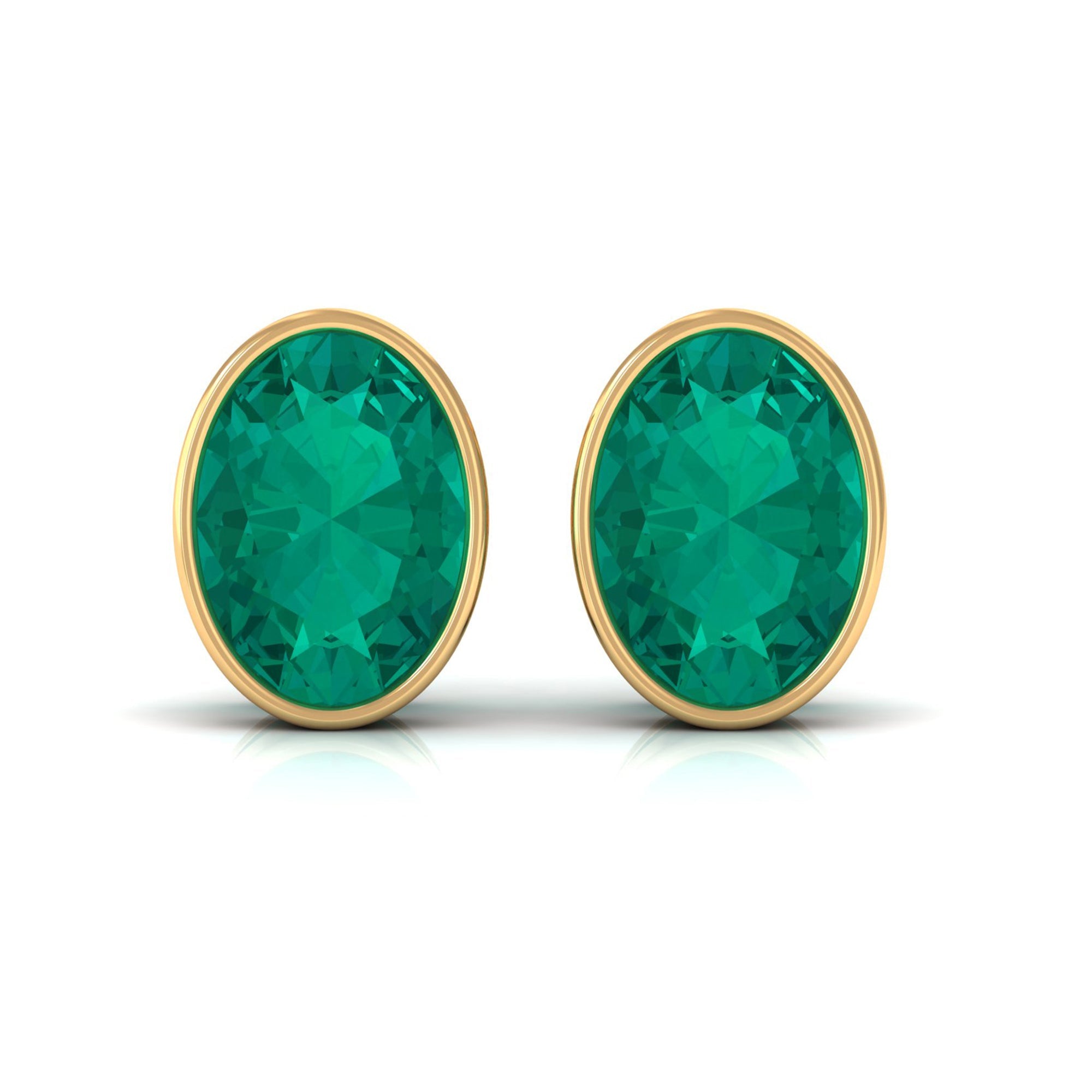 Emerald Stud Earrings - 1.4 Carat Oval Cut Bezel Set Solitaire Studs by Rosec Jewels
