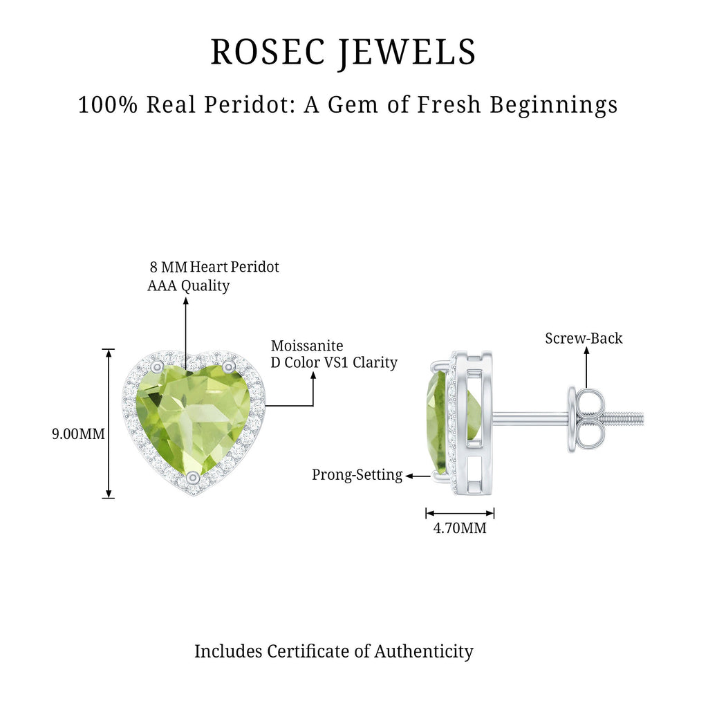 Peridot Heart Earrings – AAA Quality Green Gemstone Studs | Moissanite Halo Stud Earrings