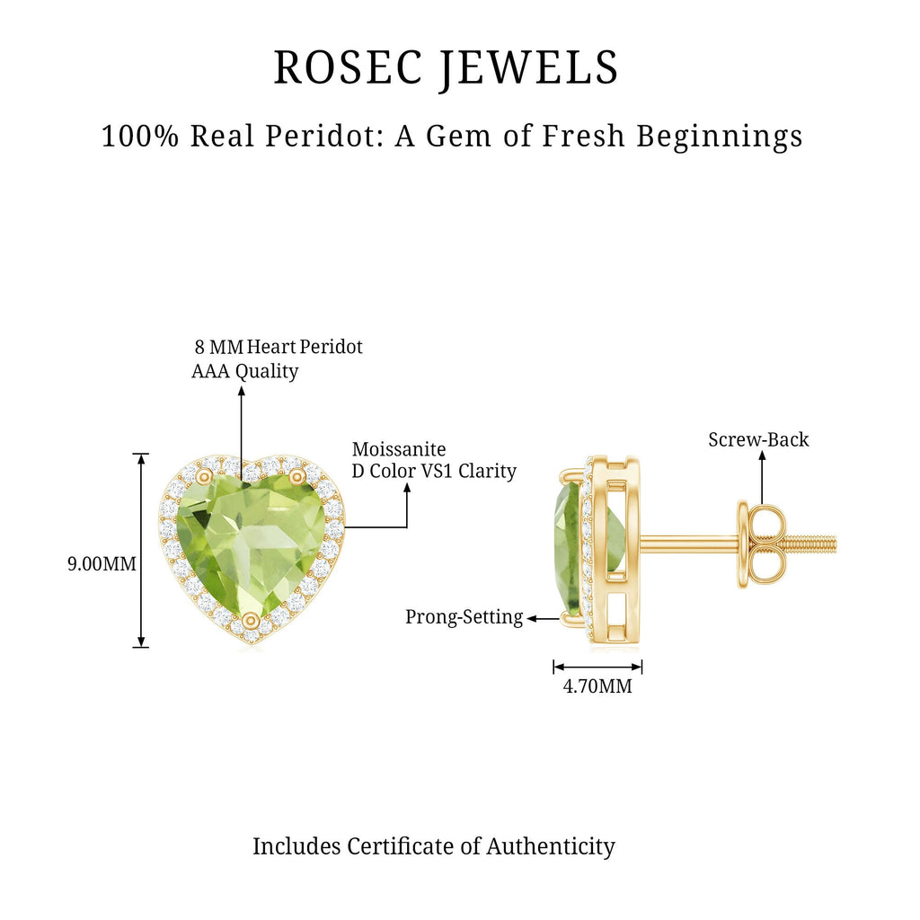 Peridot Heart Earrings – AAA Quality Green Gemstone Studs | Moissanite Halo Stud Earrings