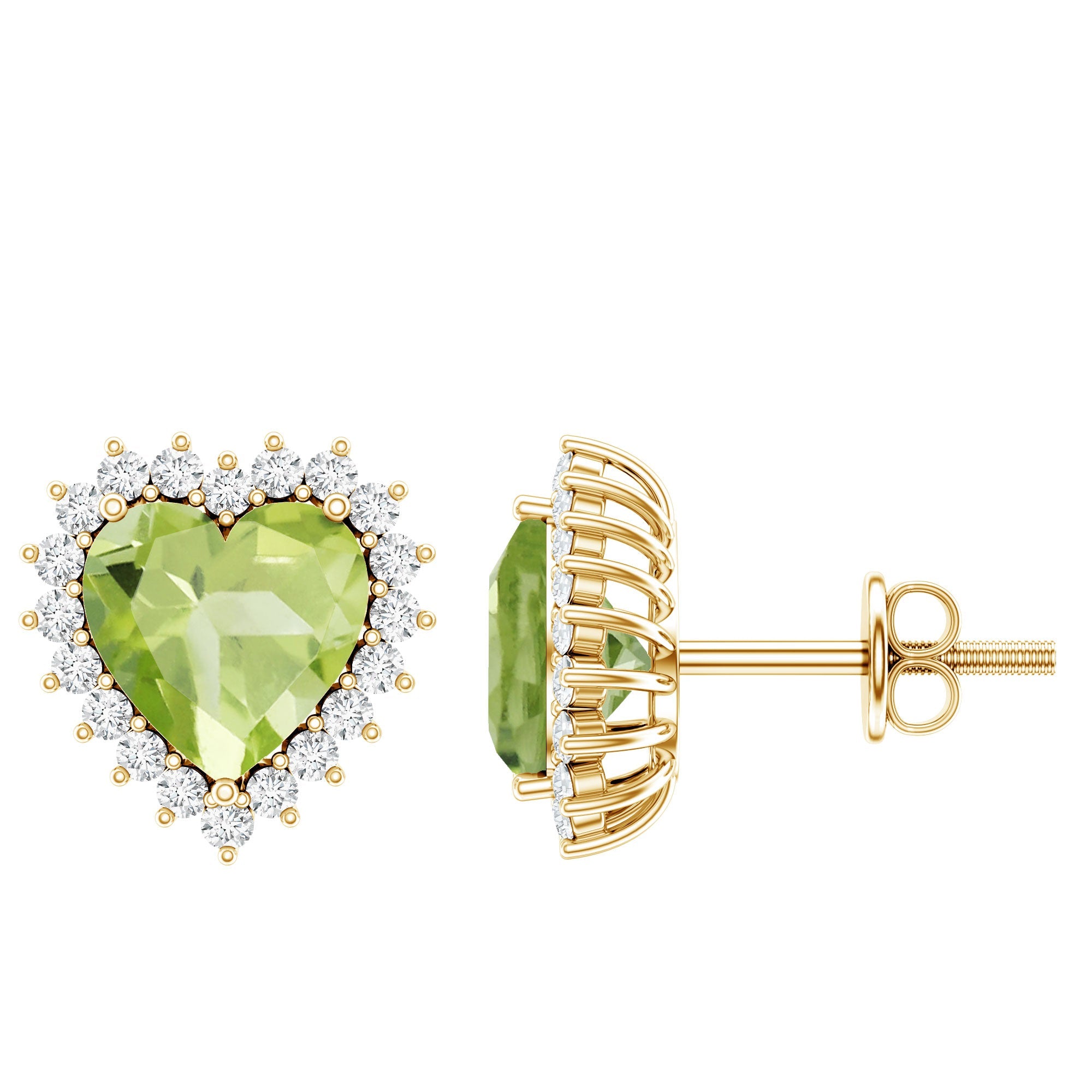 Peridot Heart Stud Earrings – AAA Quality Green Gemstone Studs with Diamond Halo