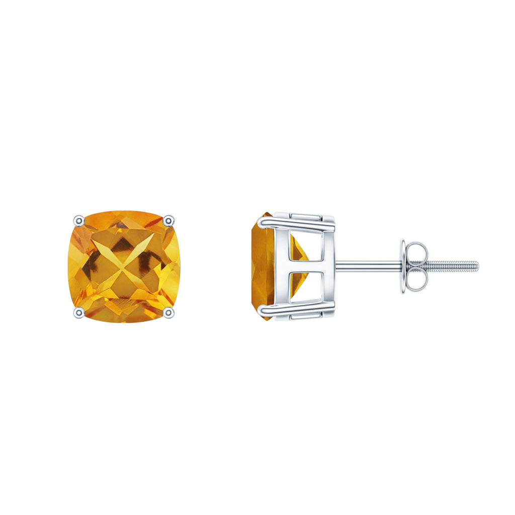 Citrine Stud Earrings - 4.4 CT Cushion Cut Solitaire | AAA Quality Yellow Gemstone