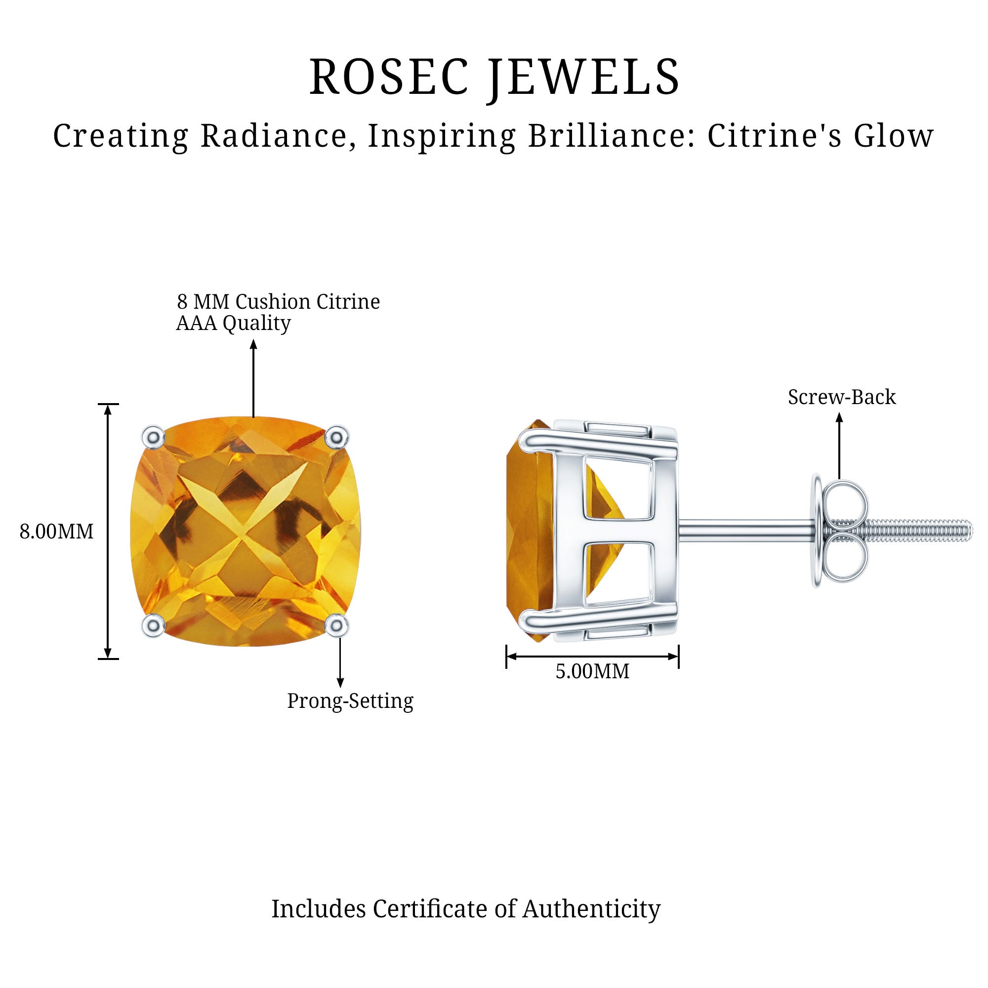 Citrine Stud Earrings - 4.4 CT Cushion Cut Solitaire | AAA Quality Yellow Gemstone