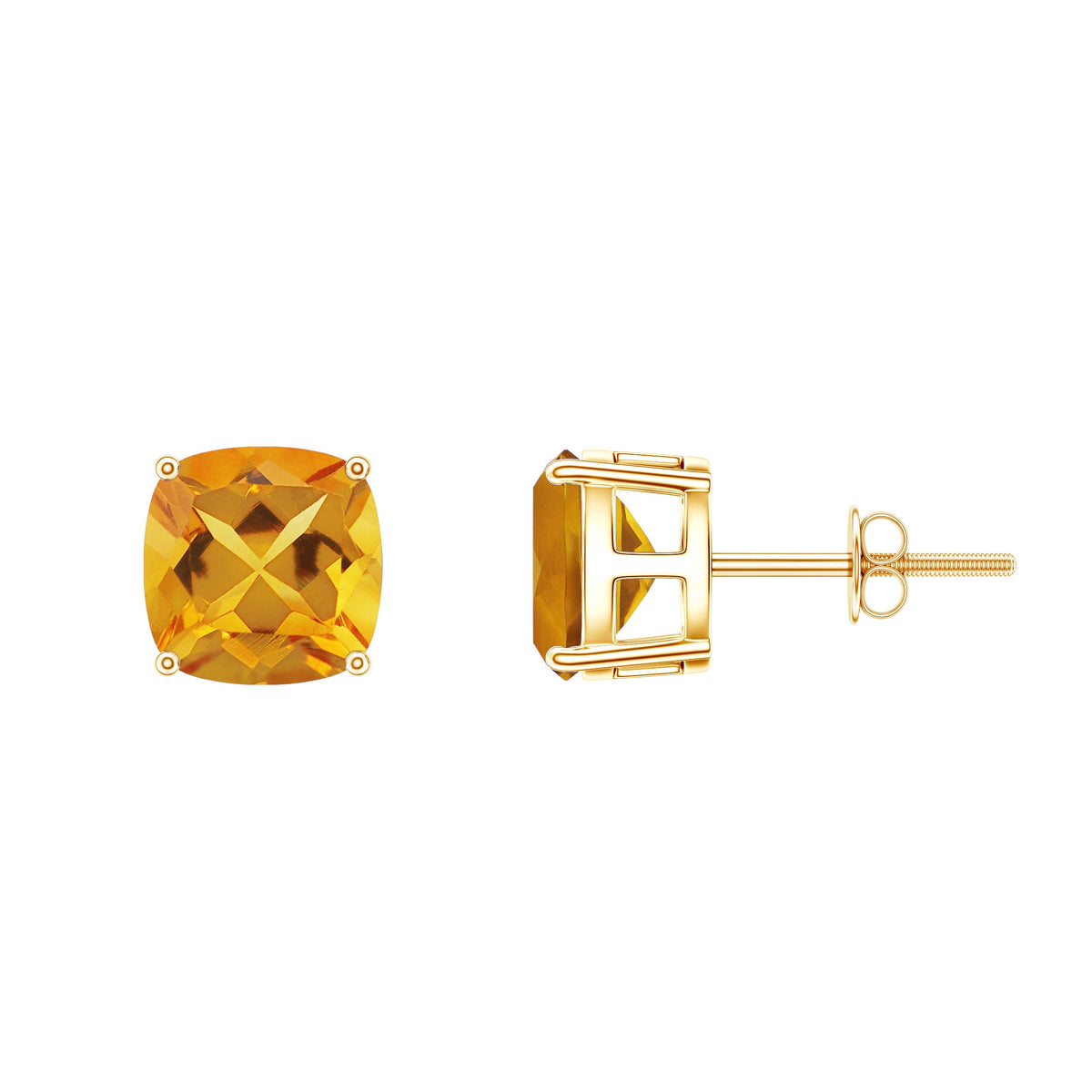 Citrine Stud Earrings - 4.4 CT Cushion Cut Solitaire | AAA Quality Yellow Gemstone