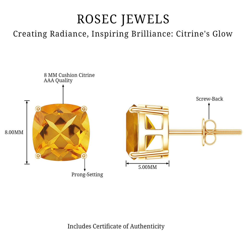 Citrine Stud Earrings - 4.4 CT Cushion Cut Solitaire | AAA Quality Yellow Gemstone