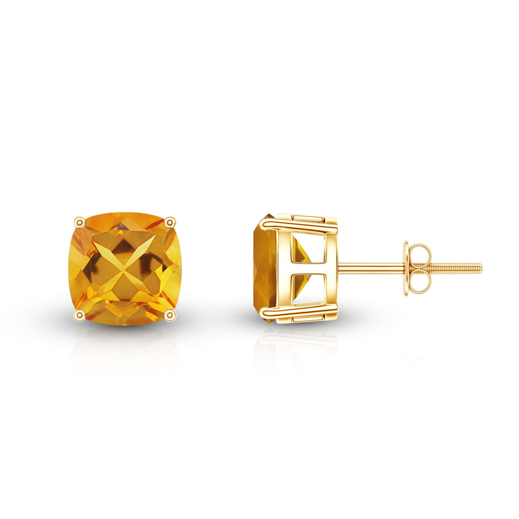 Citrine Stud Earrings - 4.4 CT Cushion Cut Solitaire | AAA Quality Yellow Gemstone
