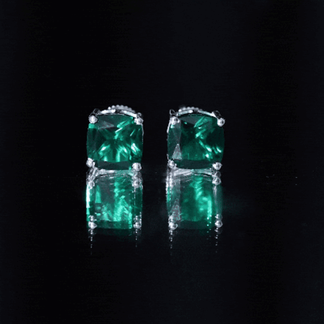 Created Emerald Stud Earrings – 4.2 Carat Cushion Cut Solitaire Prong Setting