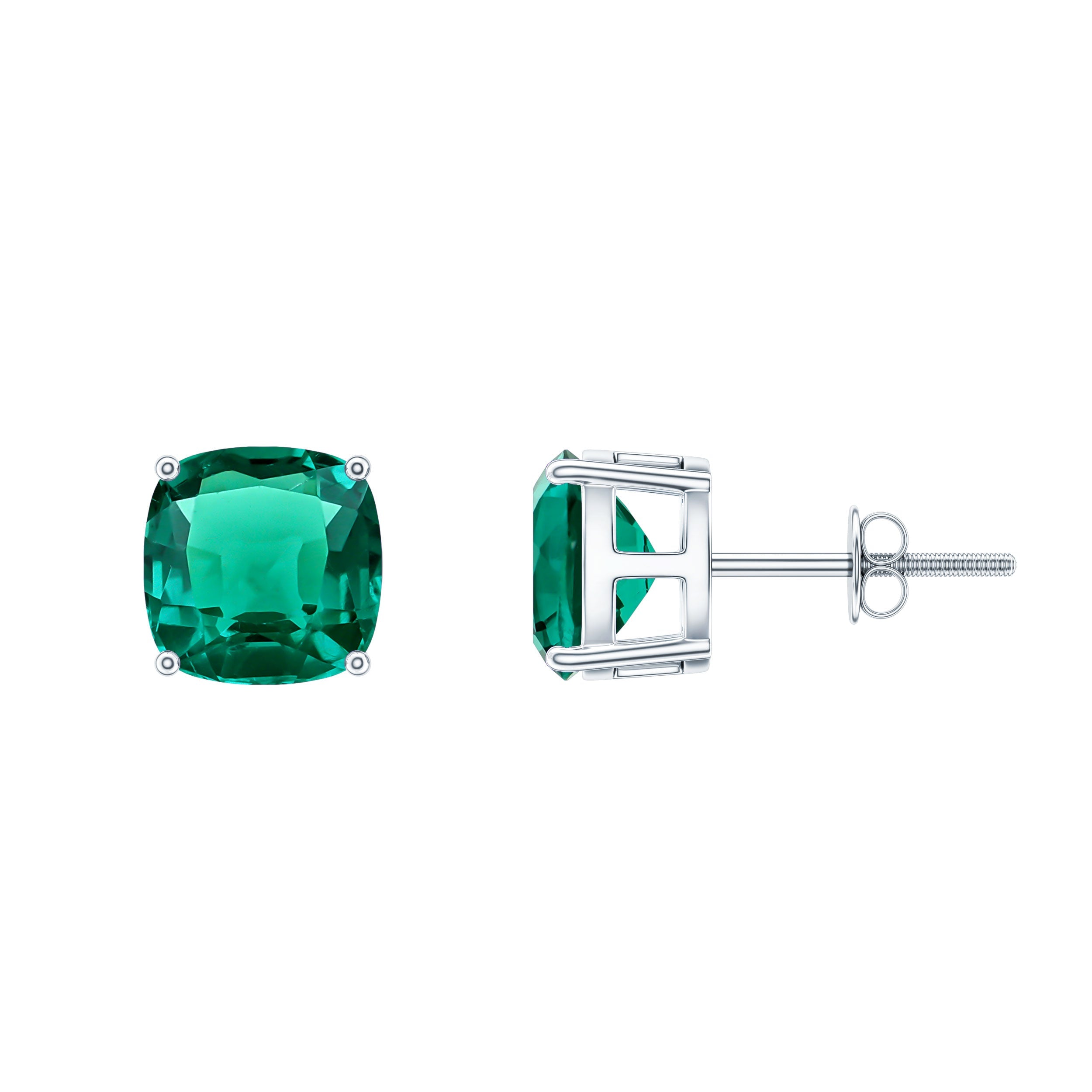 Created Emerald Stud Earrings – 4.2 Carat Cushion Cut Solitaire Prong Setting
