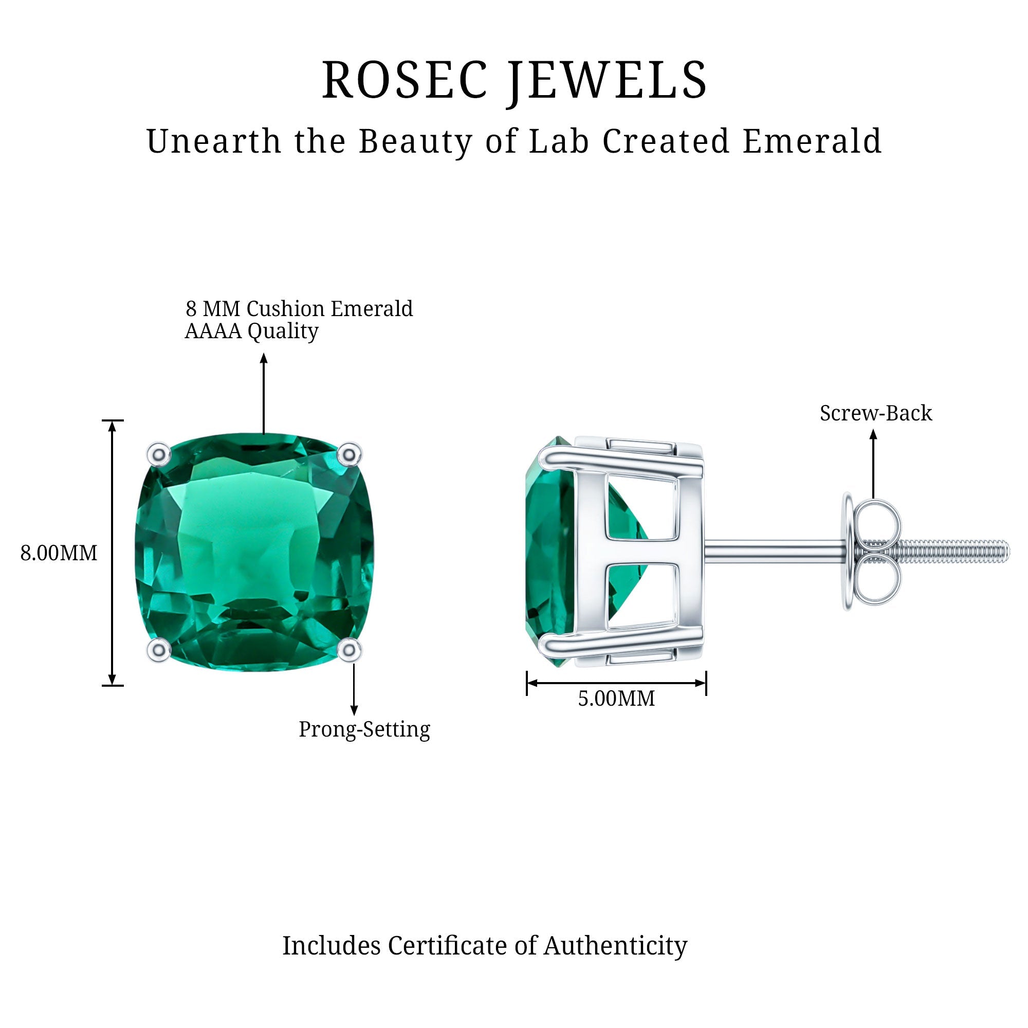 Created Emerald Stud Earrings – 4.2 Carat Cushion Cut Solitaire Prong Setting