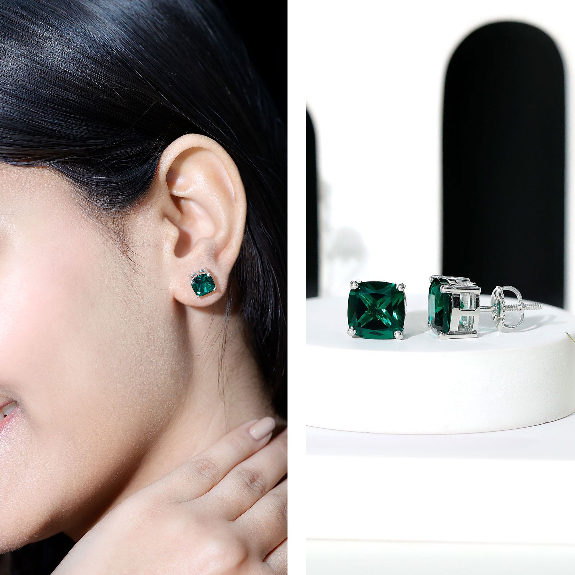 Created Emerald Stud Earrings – 4.2 Carat Cushion Cut Solitaire Prong Setting