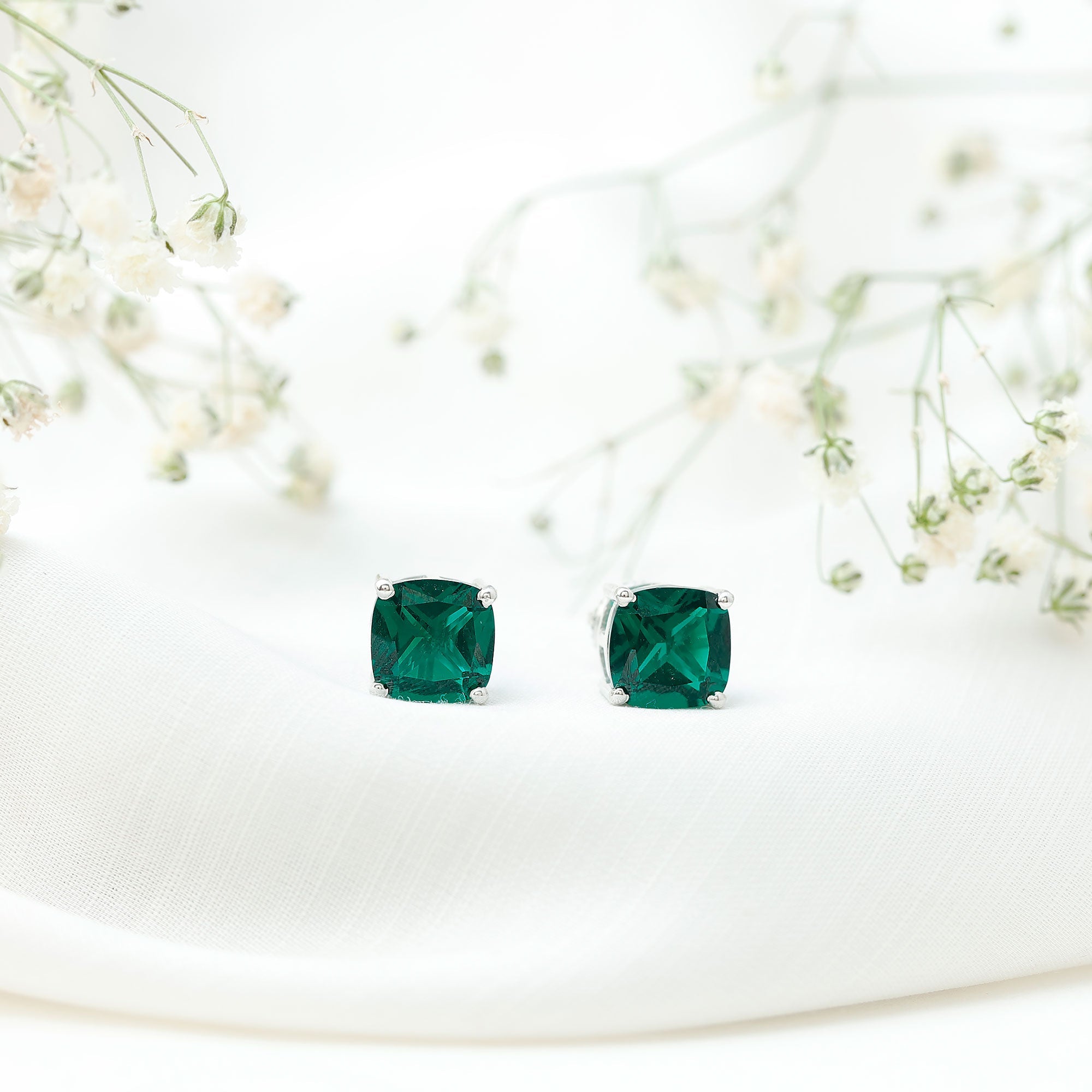 Created Emerald Stud Earrings – 4.2 Carat Cushion Cut Solitaire Prong Setting
