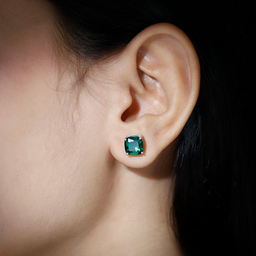 Created Emerald Stud Earrings – 4.2 Carat Cushion Cut Solitaire Prong Setting