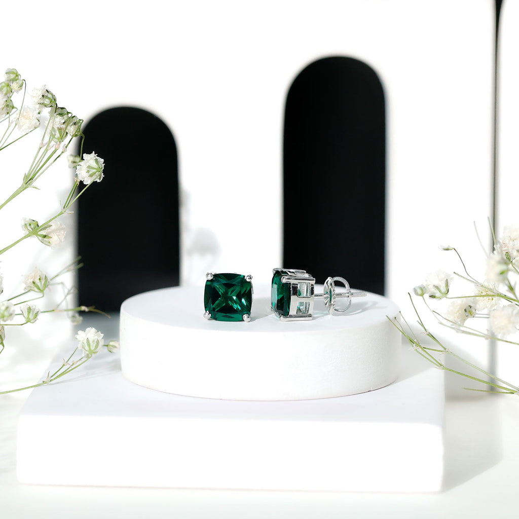 Created Emerald Stud Earrings – 4.2 Carat Cushion Cut Solitaire Prong Setting