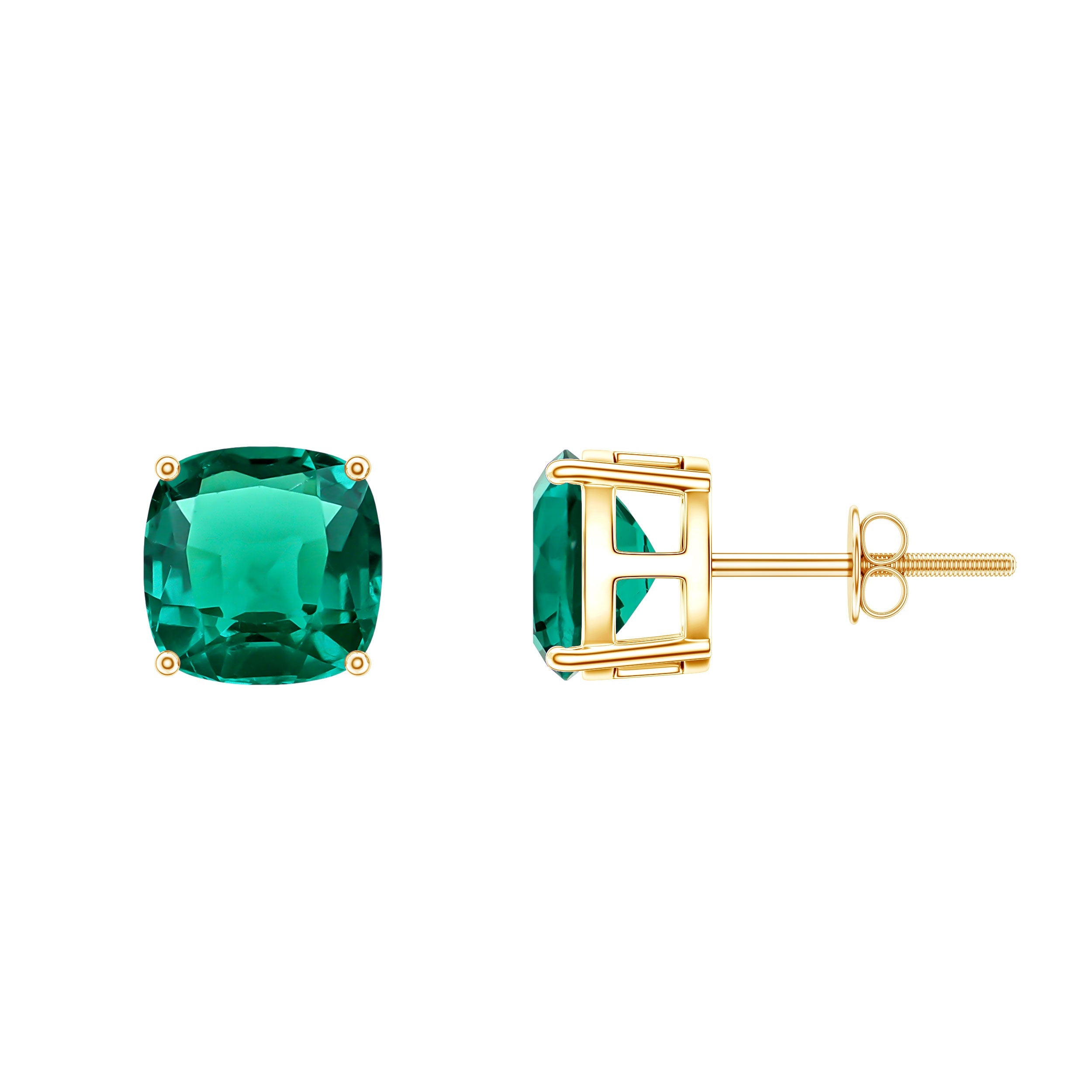 Created Emerald Stud Earrings – 4.2 Carat Cushion Cut Solitaire Prong Setting