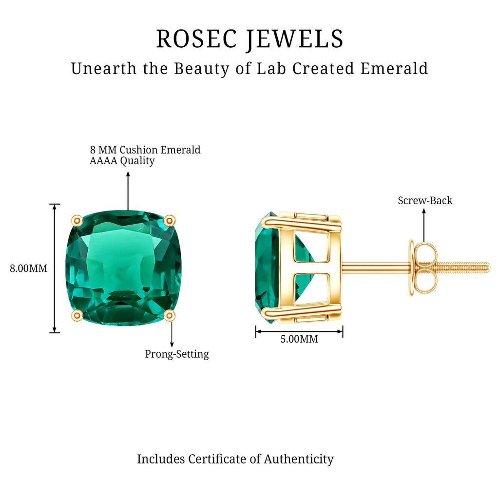 Created Emerald Stud Earrings – 4.2 Carat Cushion Cut Solitaire Prong Setting