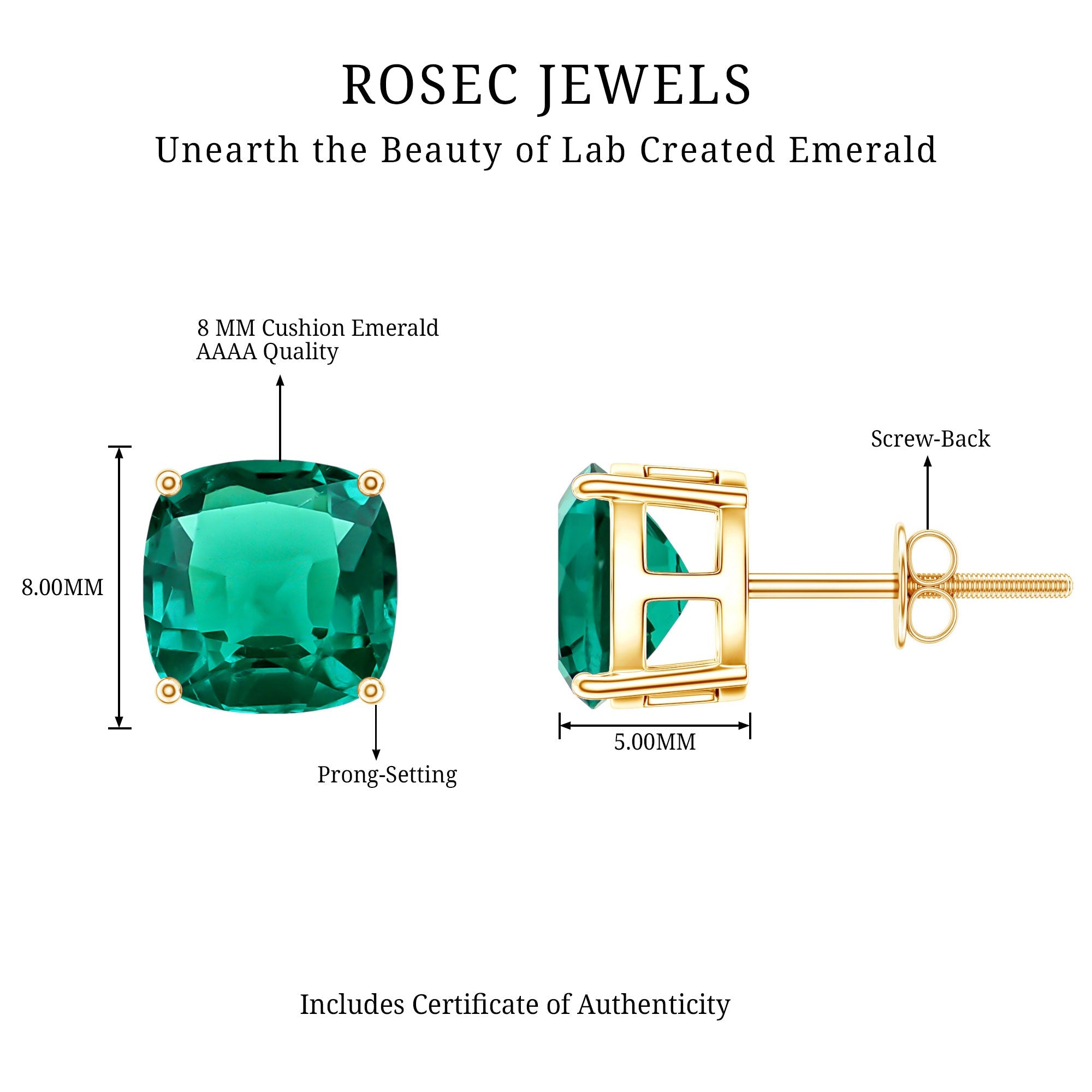 Created Emerald Stud Earrings – 4.2 Carat Cushion Cut Solitaire Prong Setting