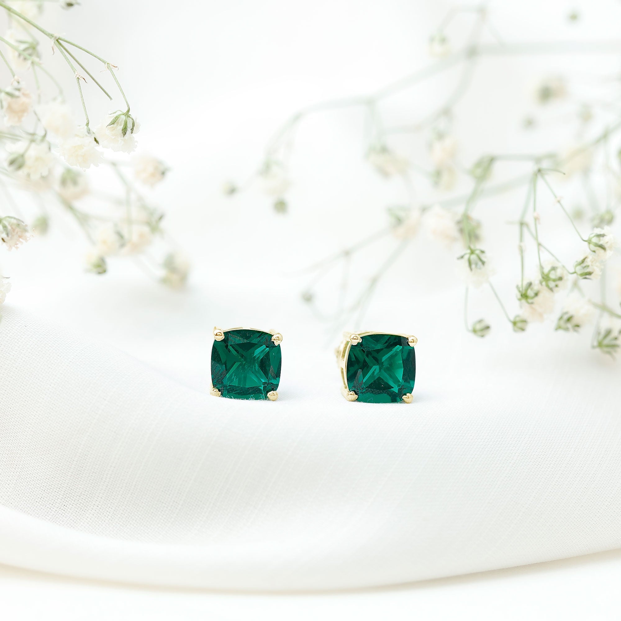 Created Emerald Stud Earrings – 4.2 Carat Cushion Cut Solitaire Prong Setting