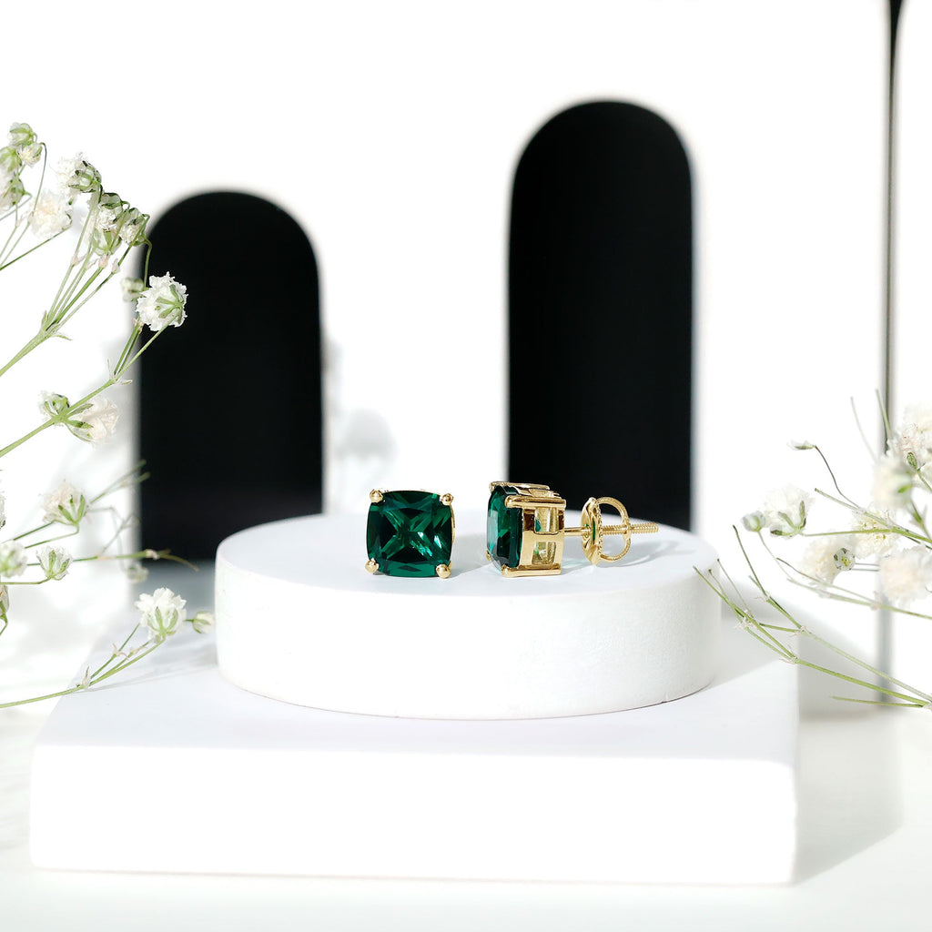 Created Emerald Stud Earrings – 4.2 Carat Cushion Cut Solitaire Prong Setting