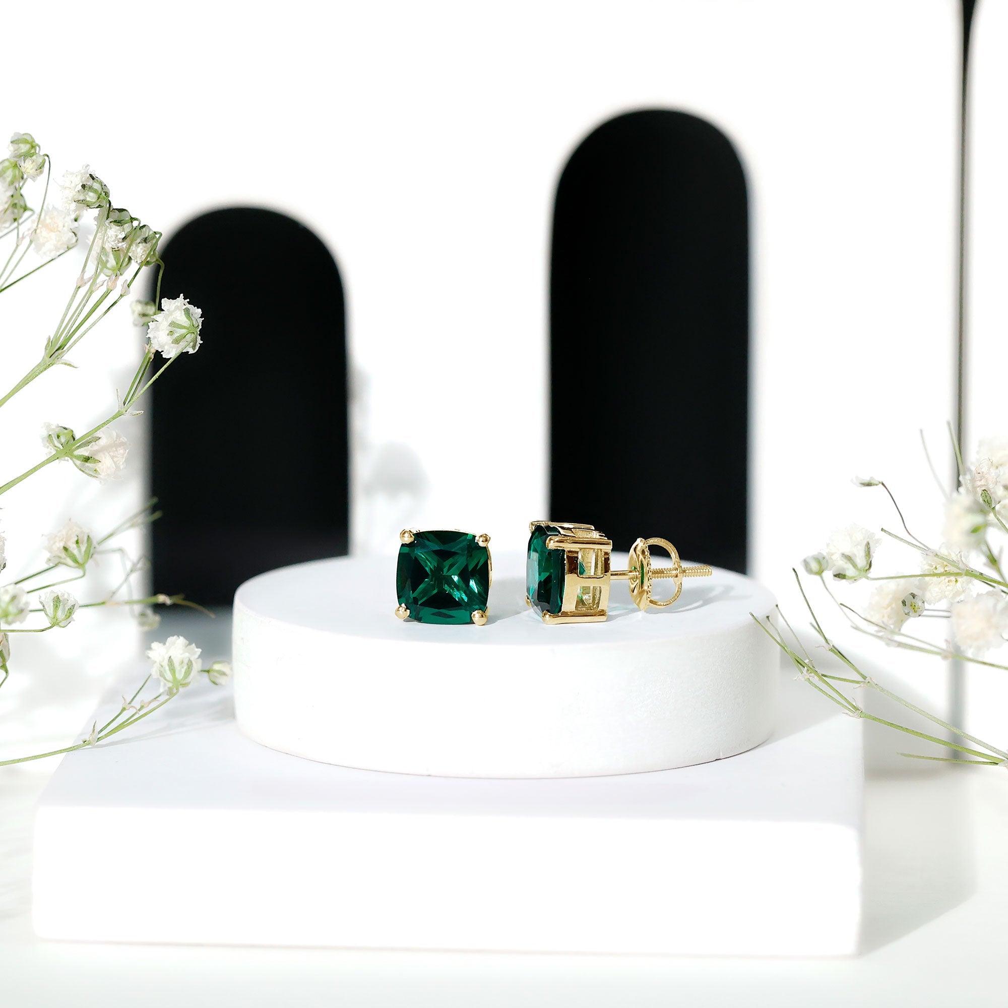Created Emerald Stud Earrings – 4.2 Carat Cushion Cut Solitaire Prong Setting