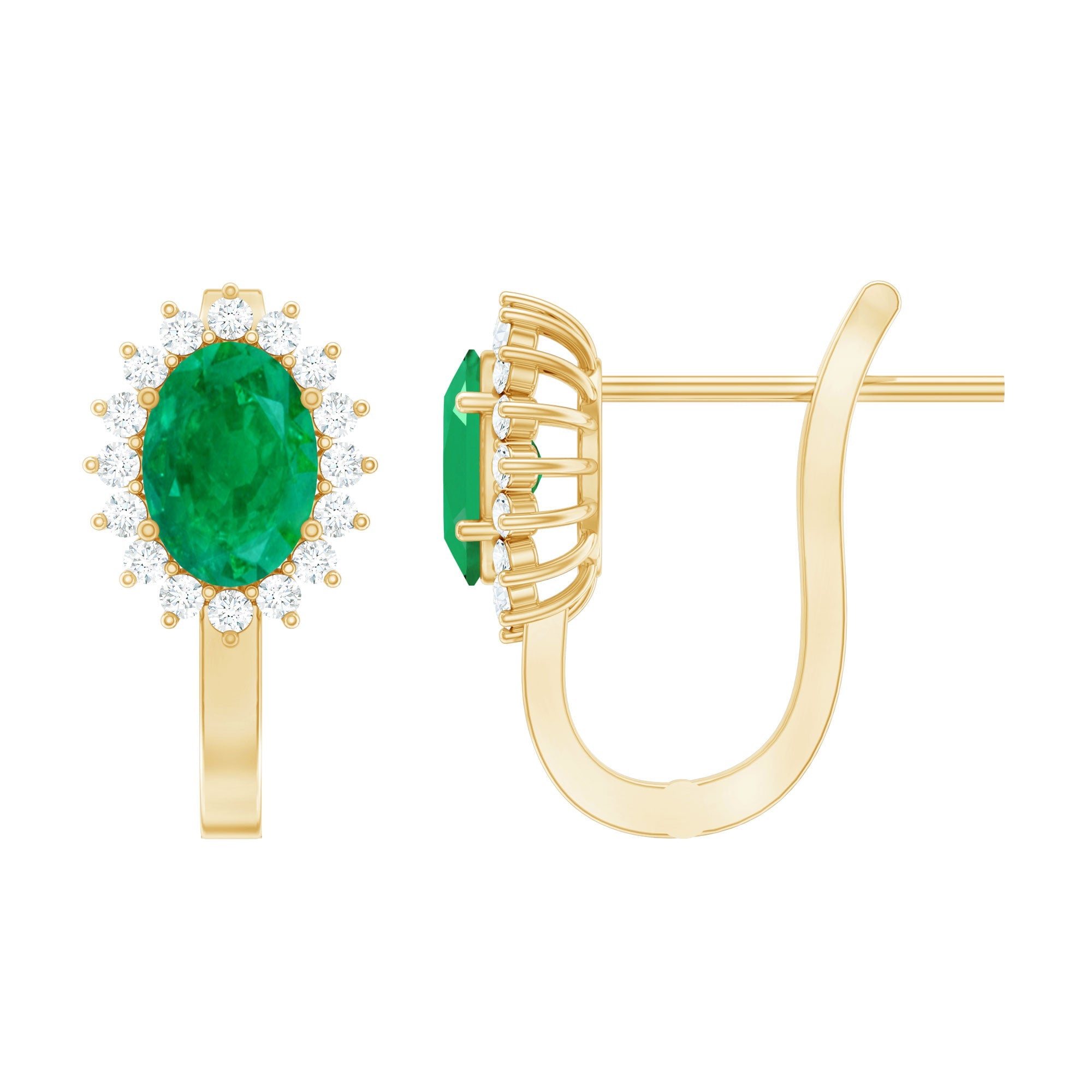 Emerald Halo Earrings - Oval Cut Emerald Stud Earrings with Diamond Halo, 1.43 Carat