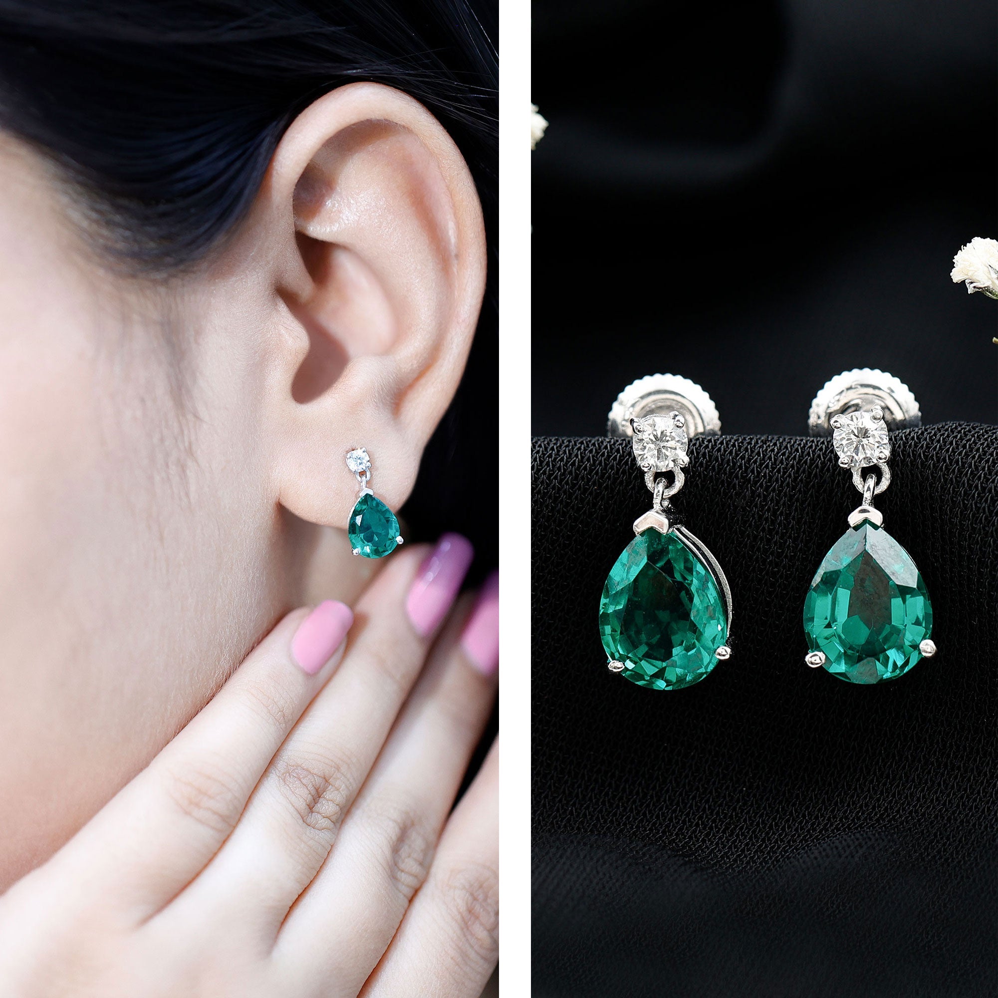 Pear Cut Emerald Earrings – Lab Created Emerald & Diamond Teardrop Jewelry