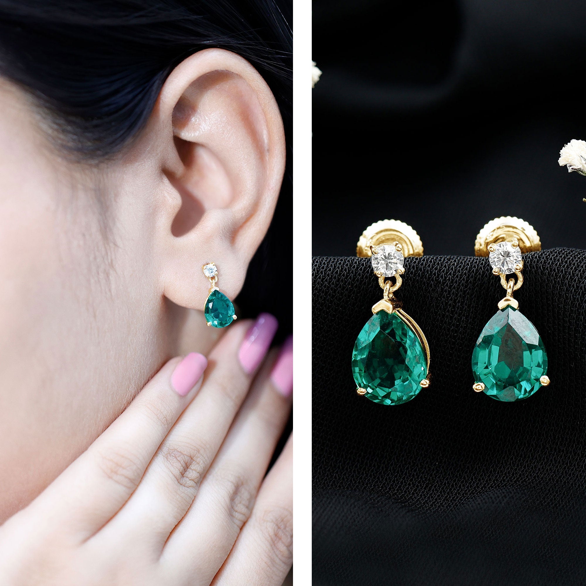 Pear Cut Emerald Earrings – Lab Created Emerald & Diamond Teardrop Jewelry