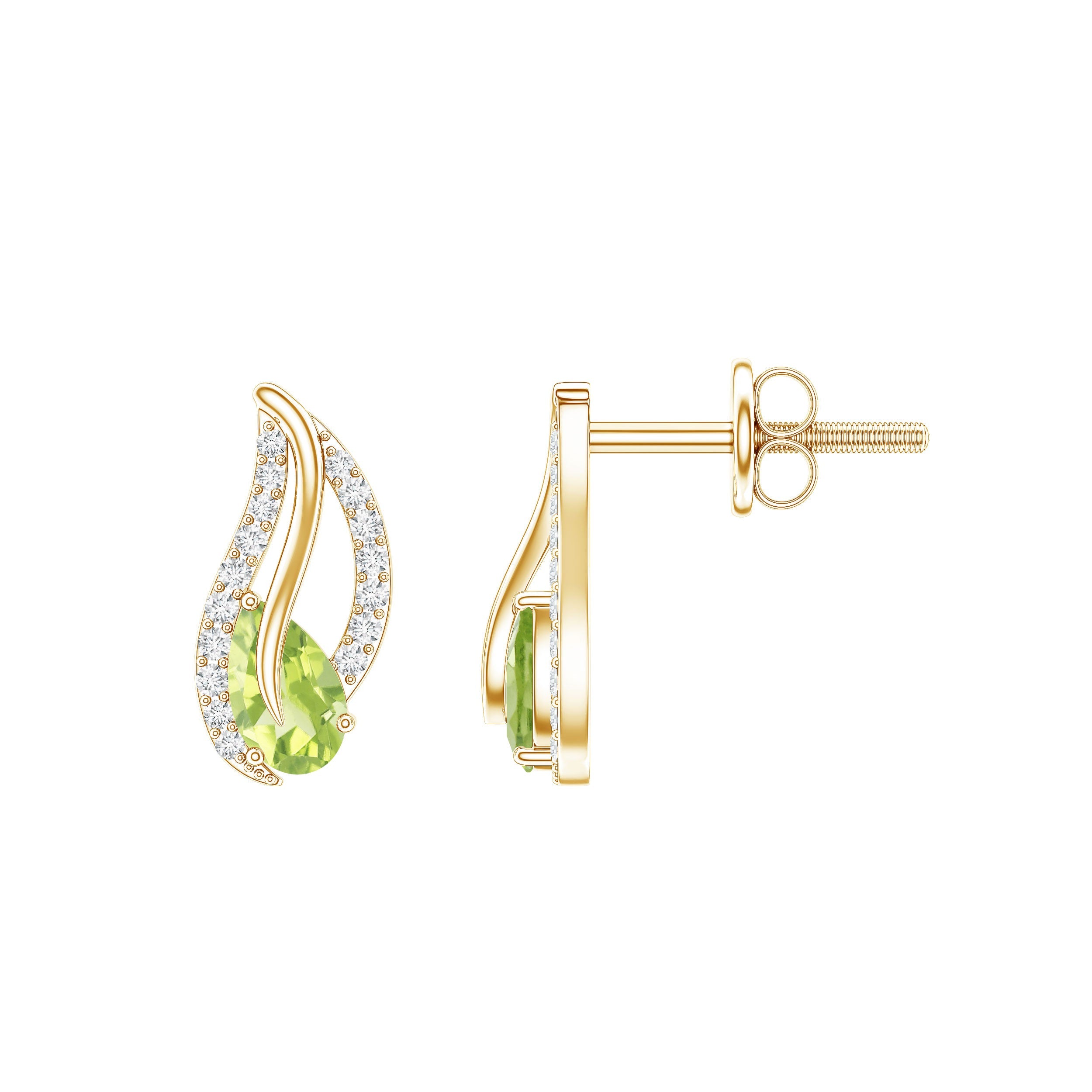Peridot Leaf Earrings – AAA Quality Pear Shaped Peridot with Diamond Studs