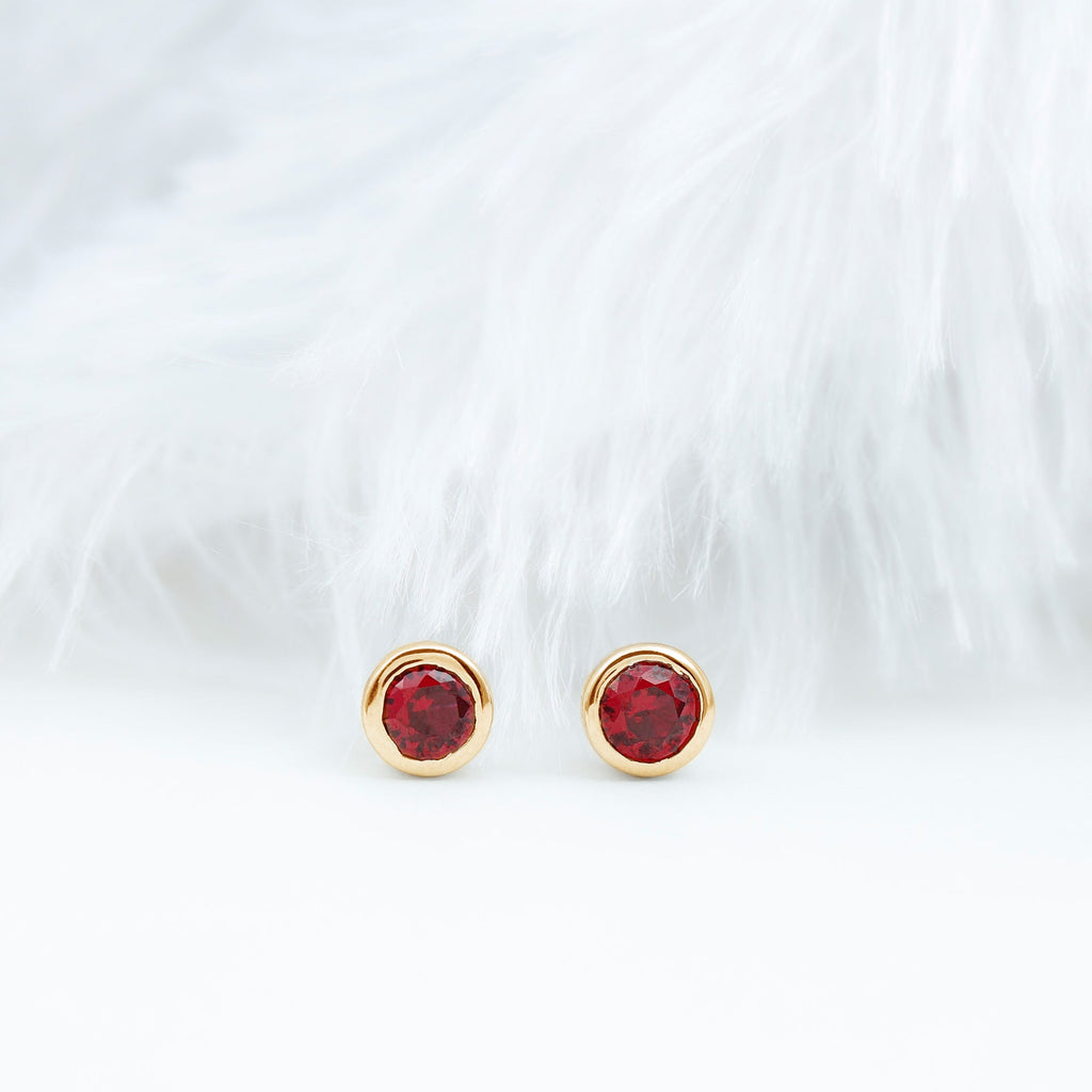 Minimalist Lab Grown Ruby Stud Earrings in Bezel Setting