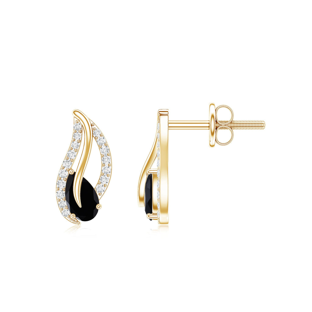 Genuine Pear Shape Black Onyx leaf Stud Earrings With Certificate