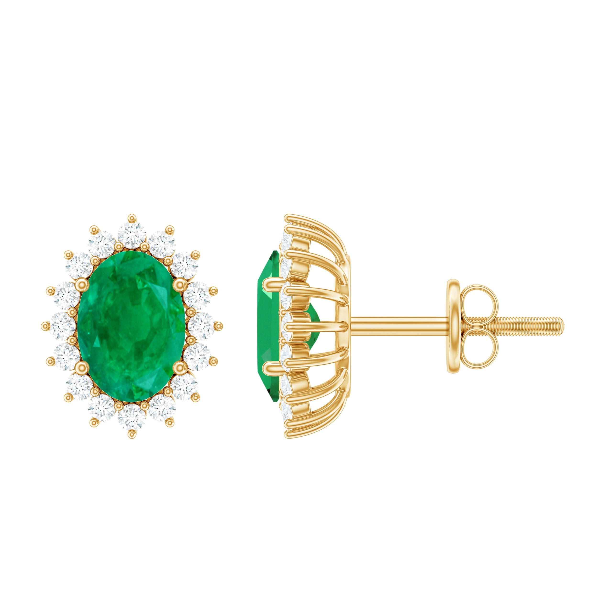 Emerald Diamond Earrings - 0.8 Ct Oval Studs with Halo Design & Secure Screw Back