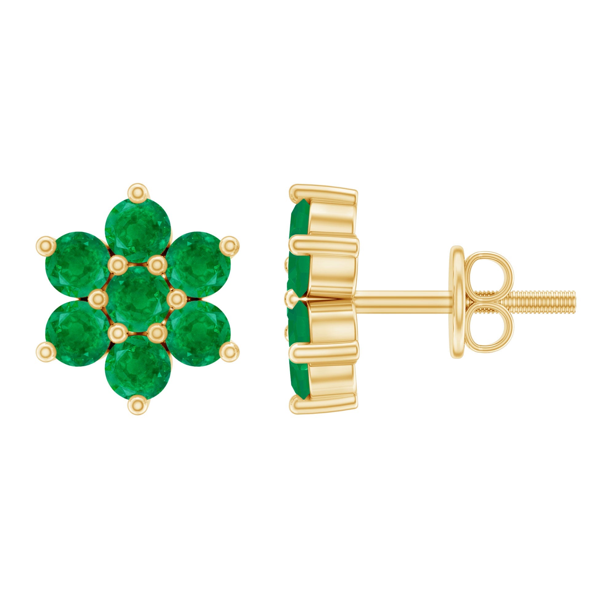Emerald Flower Earrings – Natural Green Gemstone Studs with Screw Back Closure