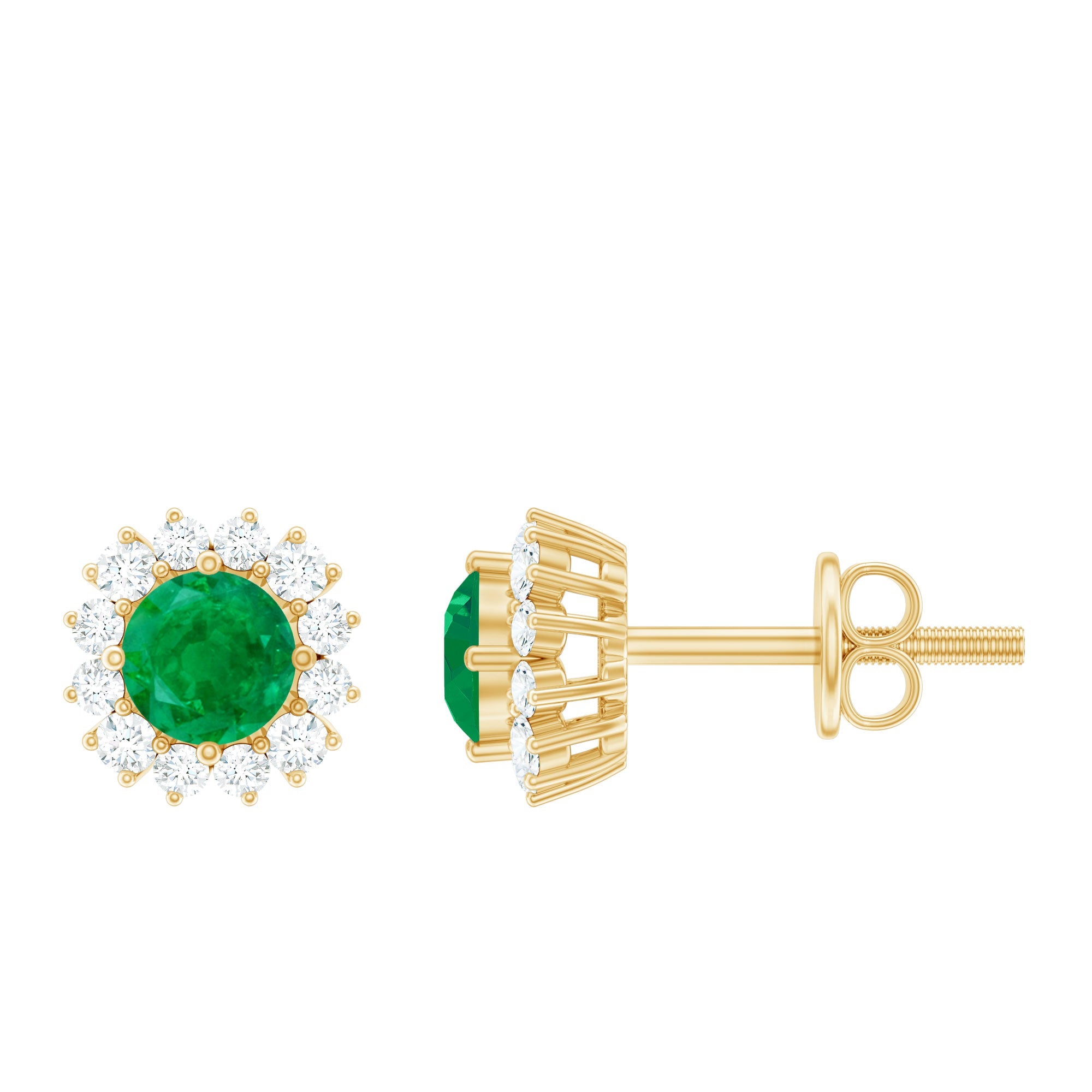 Emerald Stud Earrings – Classic 5MM Round Emerald Studs with Diamond Halo Design