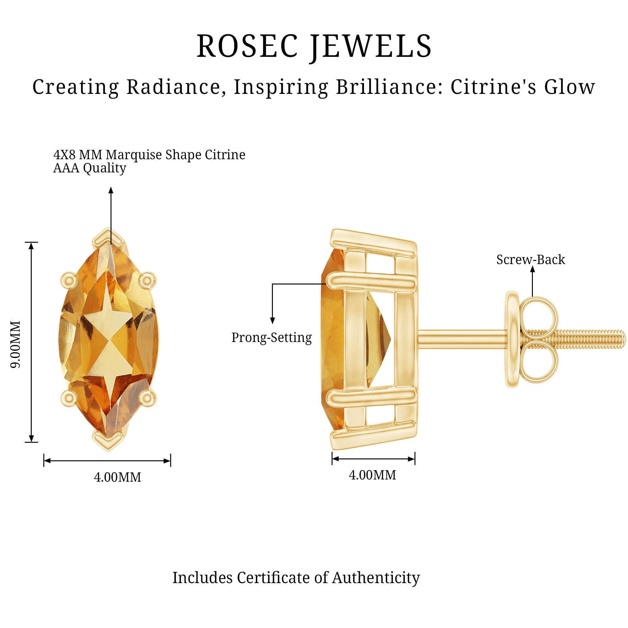 Marquise Cut Citrine Earrings – AAA Quality Solitaire Studs | 14k Gold Plated
