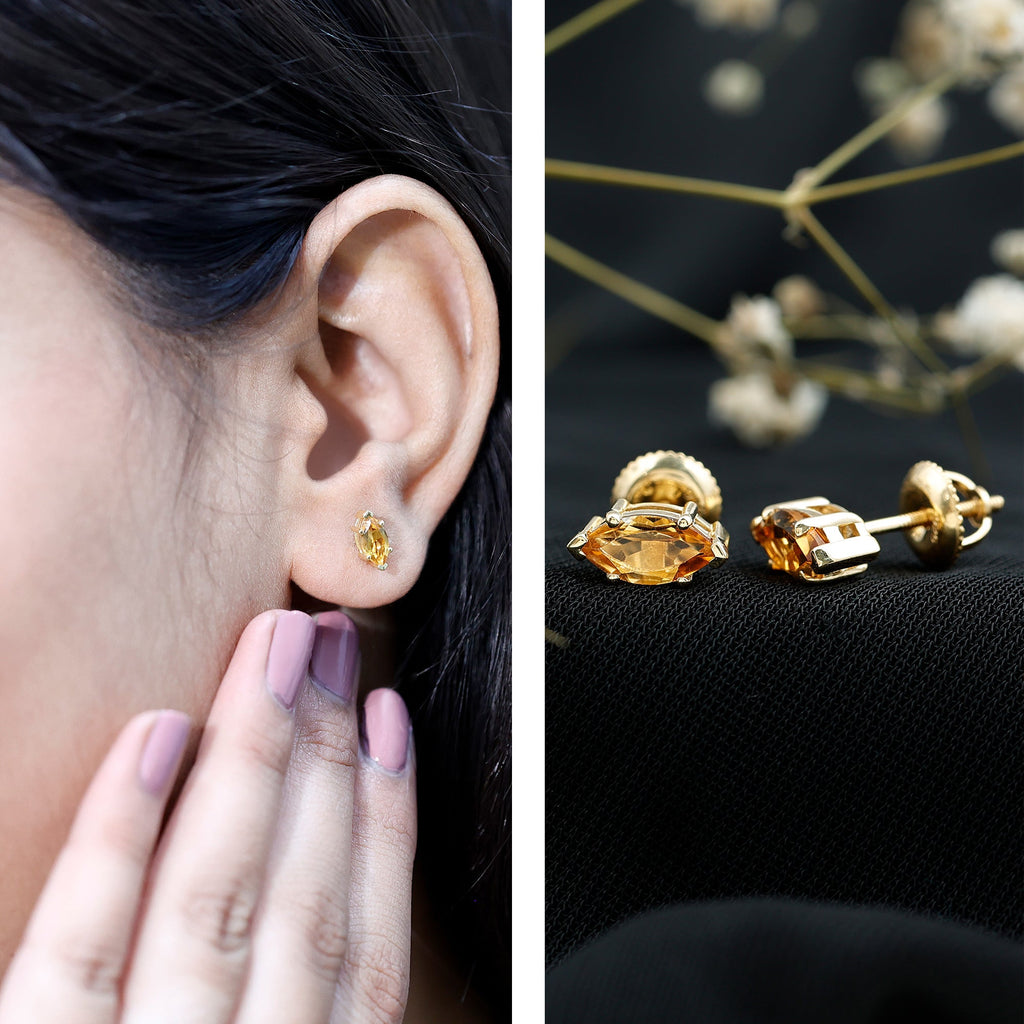 Marquise Cut Citrine Earrings – AAA Quality Solitaire Studs | 14k Gold Plated