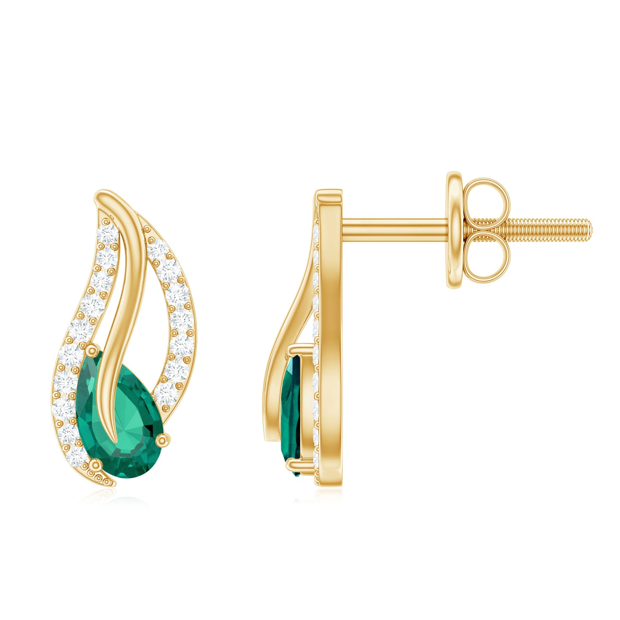 Lab Created Emerald Earrings – Diamond Stud Leaf Design with Pear Cut Emeralds
