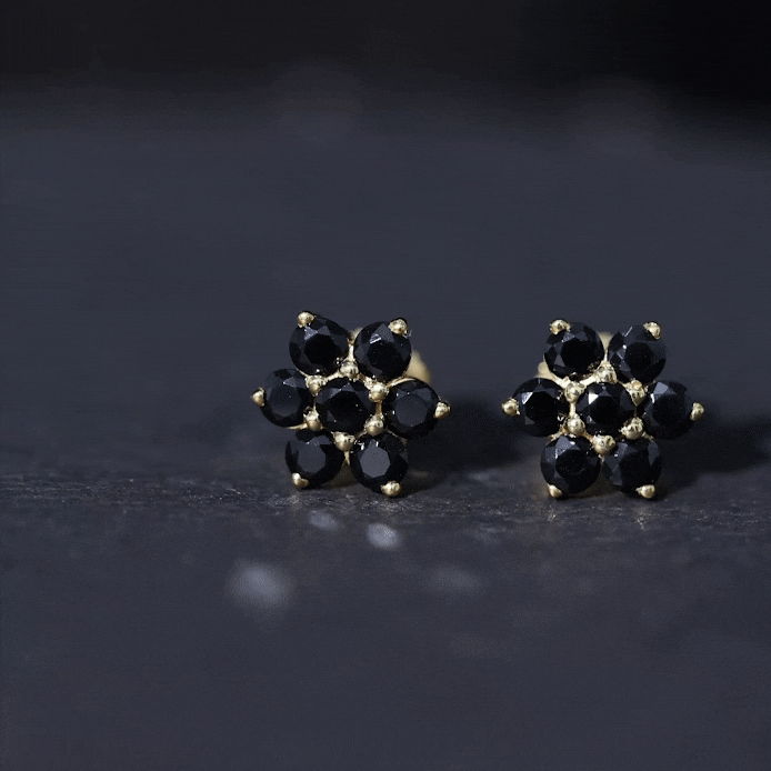Genuine Black Onyx Flower Cluster Stud Earrings