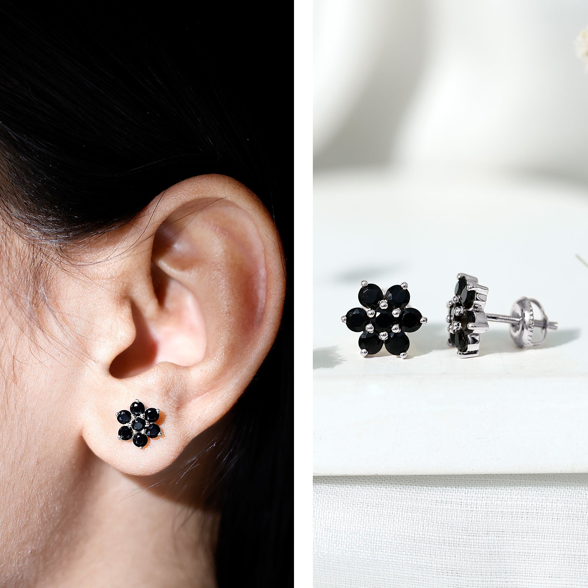 Genuine Black Onyx Flower Cluster Stud Earrings