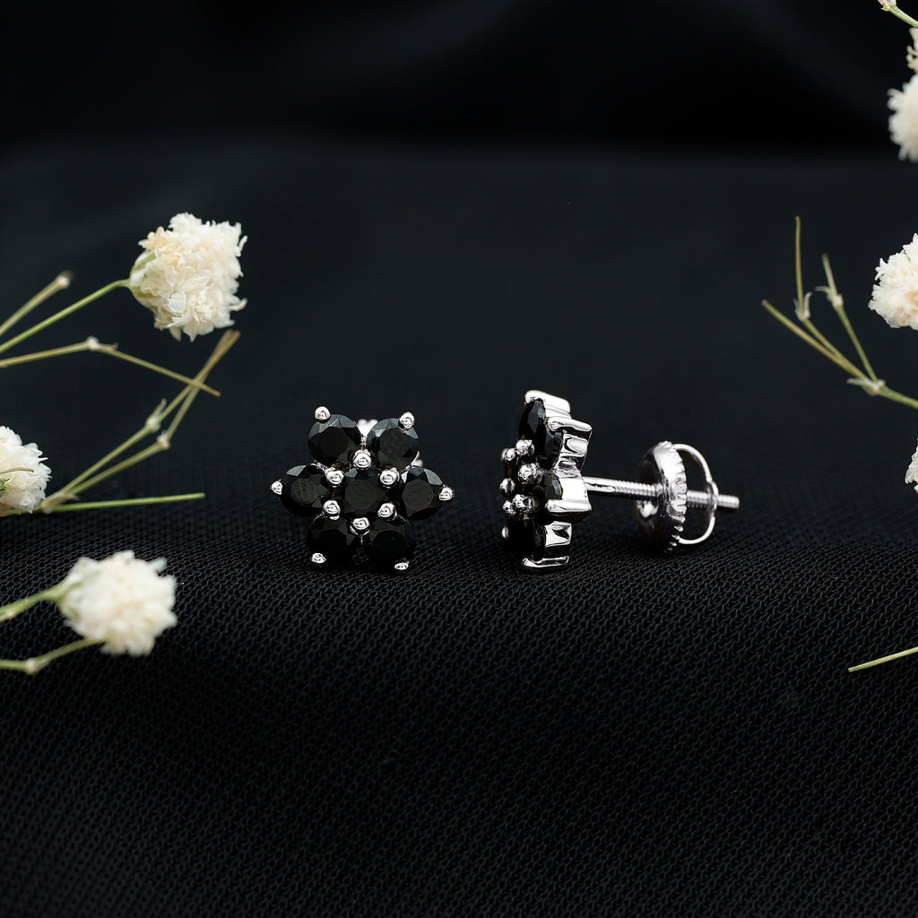 Genuine Black Onyx Flower Cluster Stud Earrings
