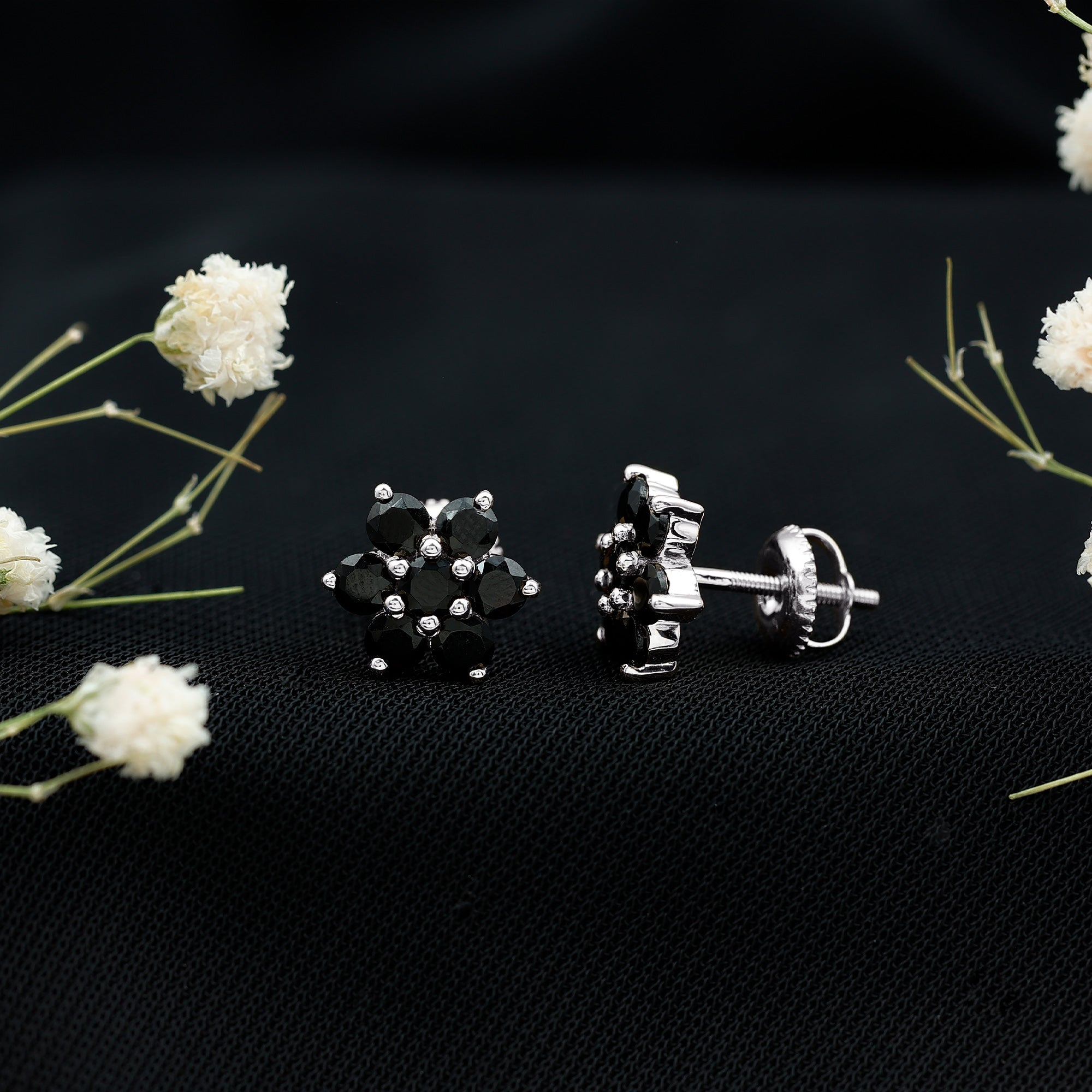 Genuine Black Onyx Flower Cluster Stud Earrings