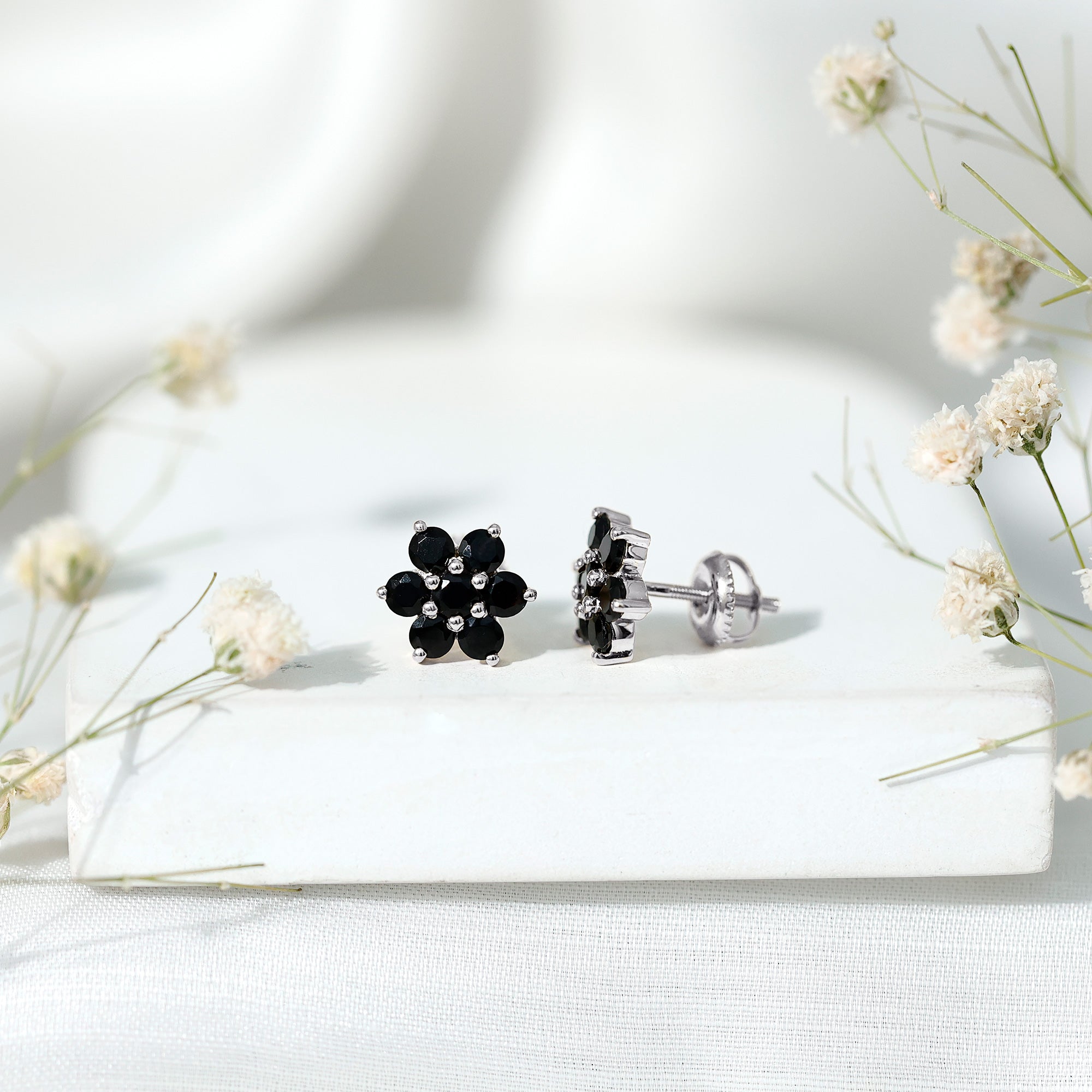 Genuine Black Onyx Flower Cluster Stud Earrings