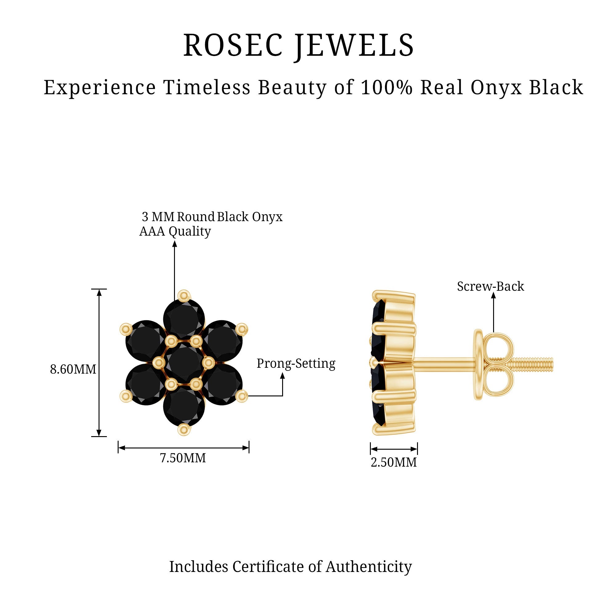 Genuine Black Onyx Flower Cluster Stud Earrings