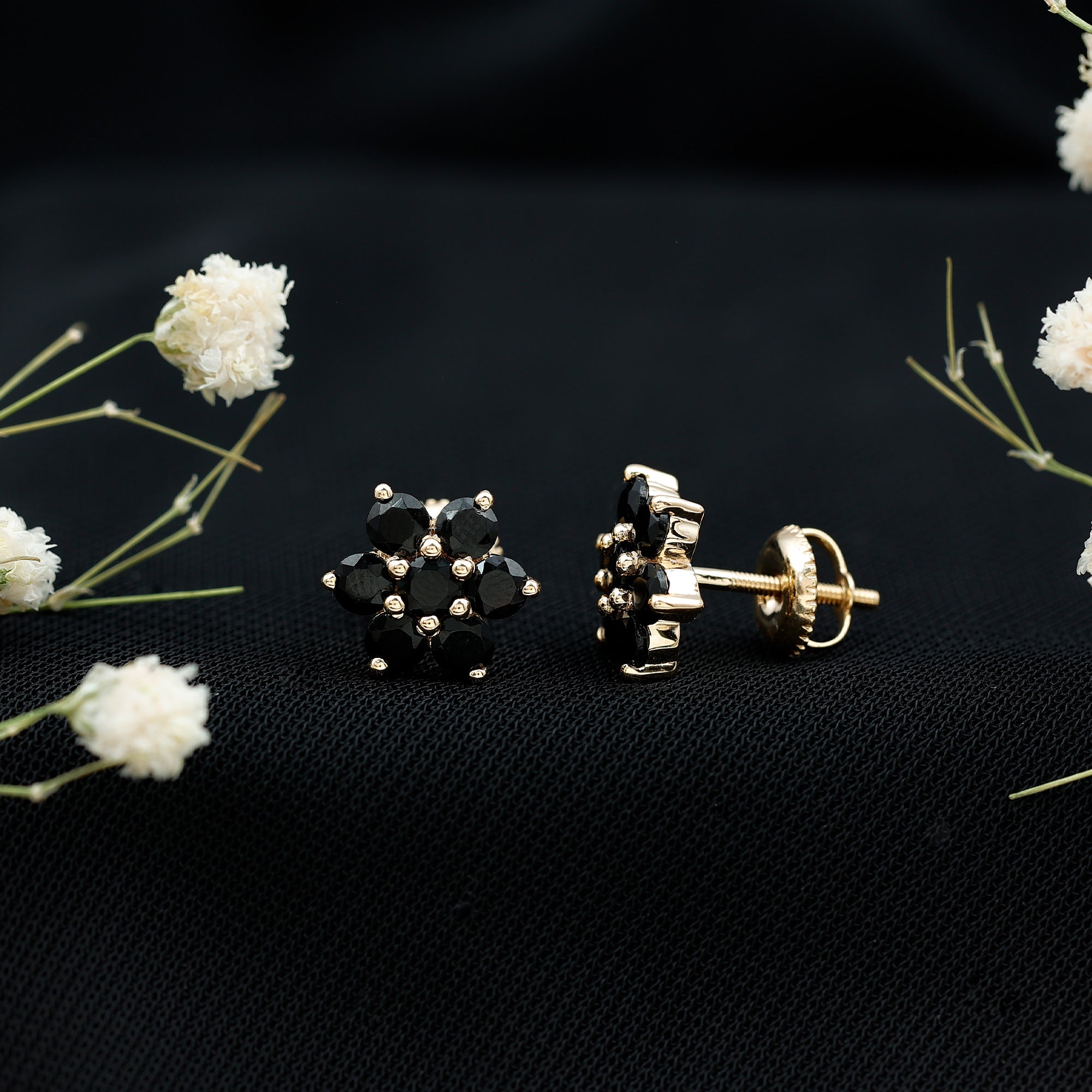 Genuine Black Onyx Flower Cluster Stud Earrings