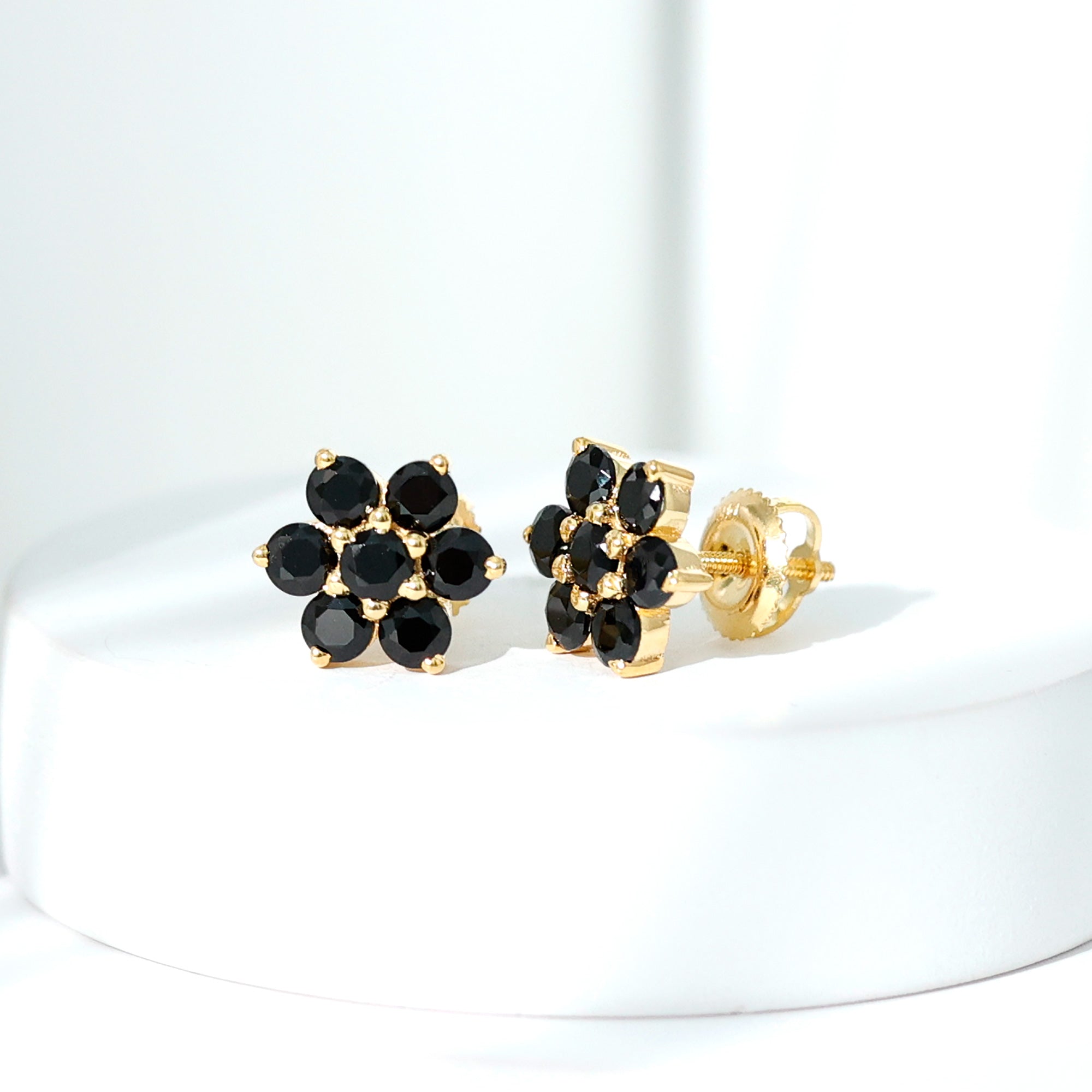 Genuine Black Onyx Flower Cluster Stud Earrings
