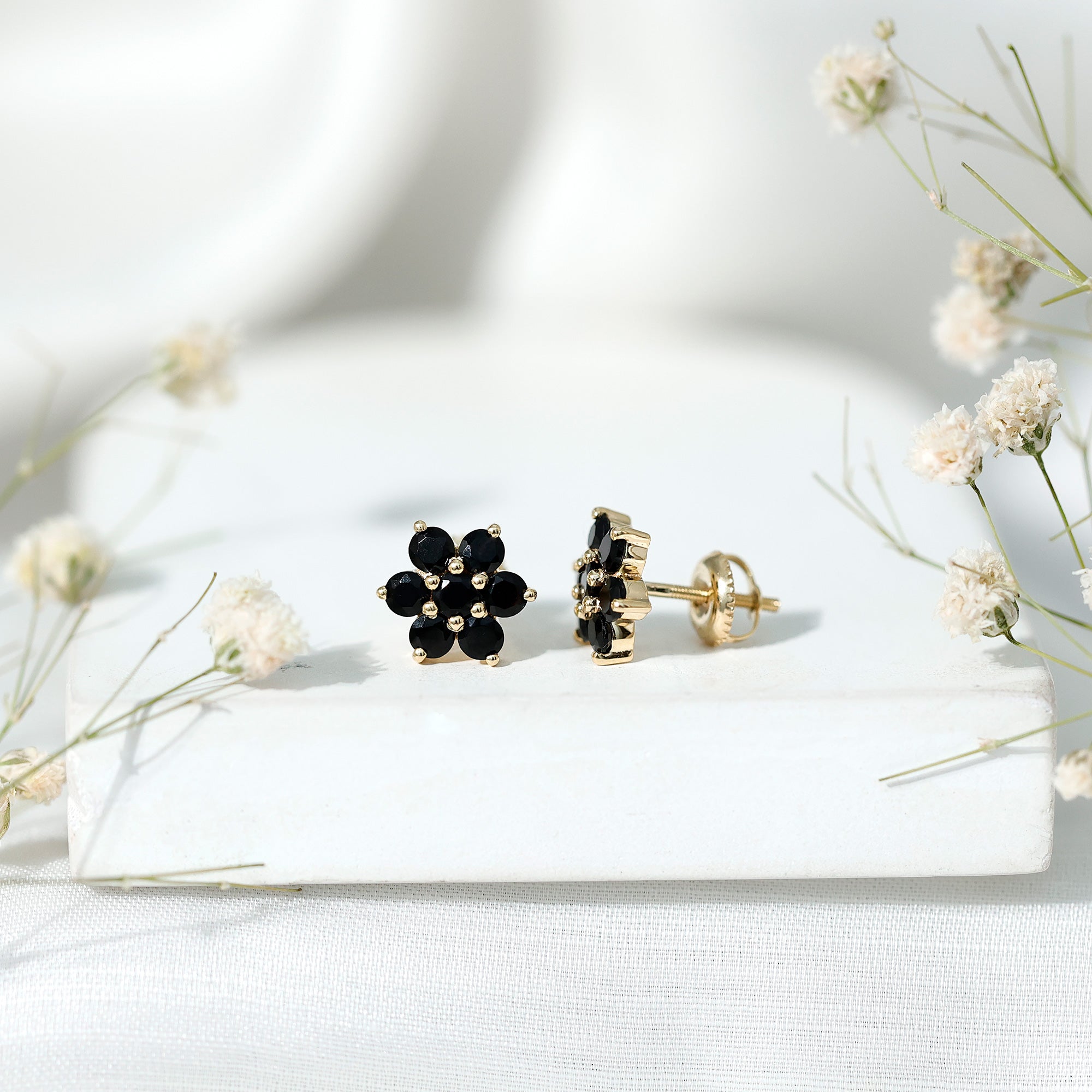 Genuine Black Onyx Flower Cluster Stud Earrings