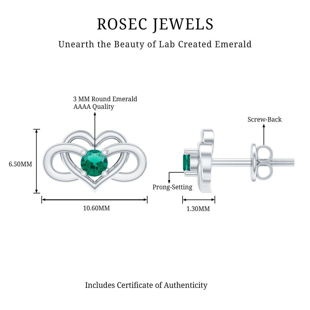 Lab Grown Emerald Earrings – Infinity Heart Studs With Prong Setting Design