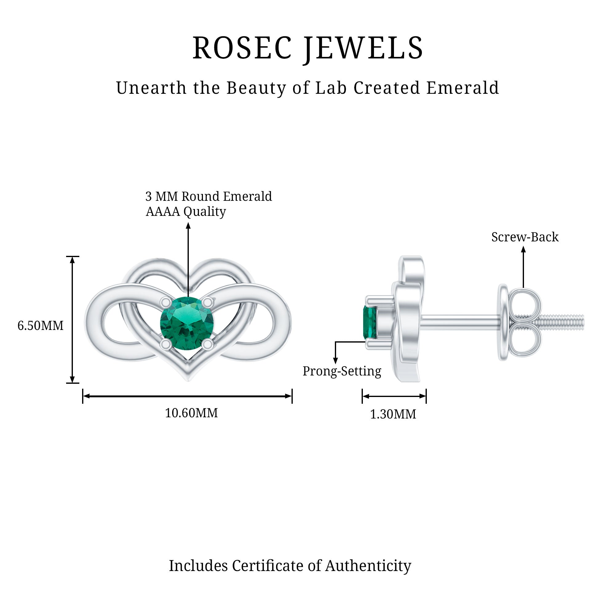 Lab Grown Emerald Earrings – Infinity Heart Studs With Prong Setting Design