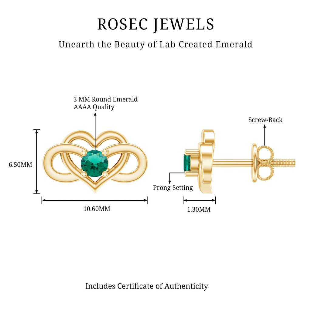 Lab Grown Emerald Earrings – Infinity Heart Studs With Prong Setting Design