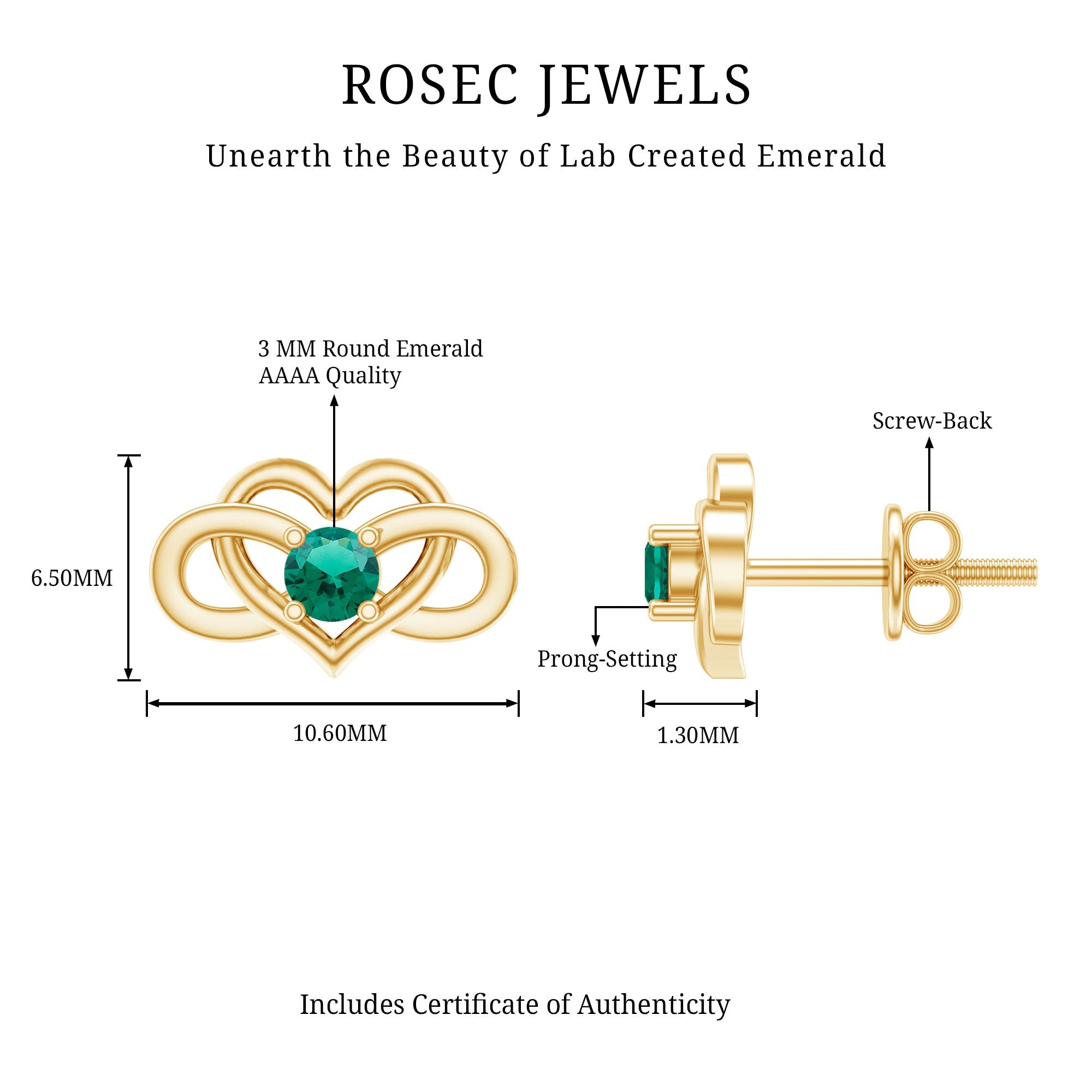 Lab Grown Emerald Earrings – Infinity Heart Studs With Prong Setting Design