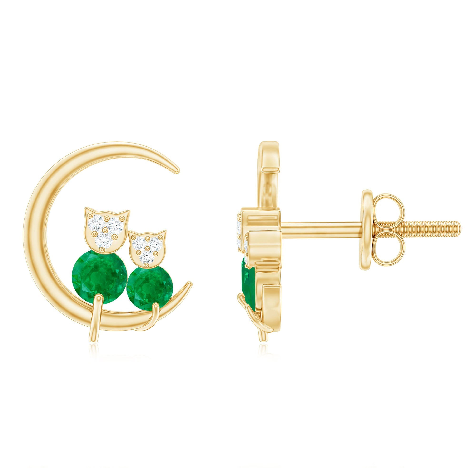 Emerald Diamond Stud Earrings | Celestial Cat Moon Earrings with AAA Grade Emeralds & Diamonds