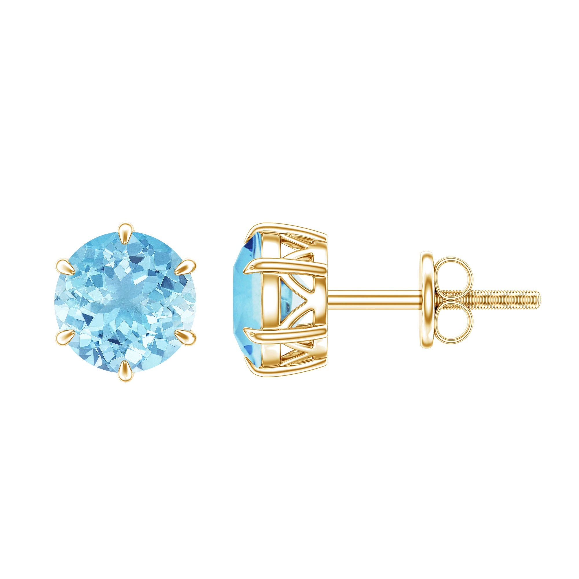 Aquamarine Stud Earrings – 6mm Round Solitaire With Claw Prong Setting